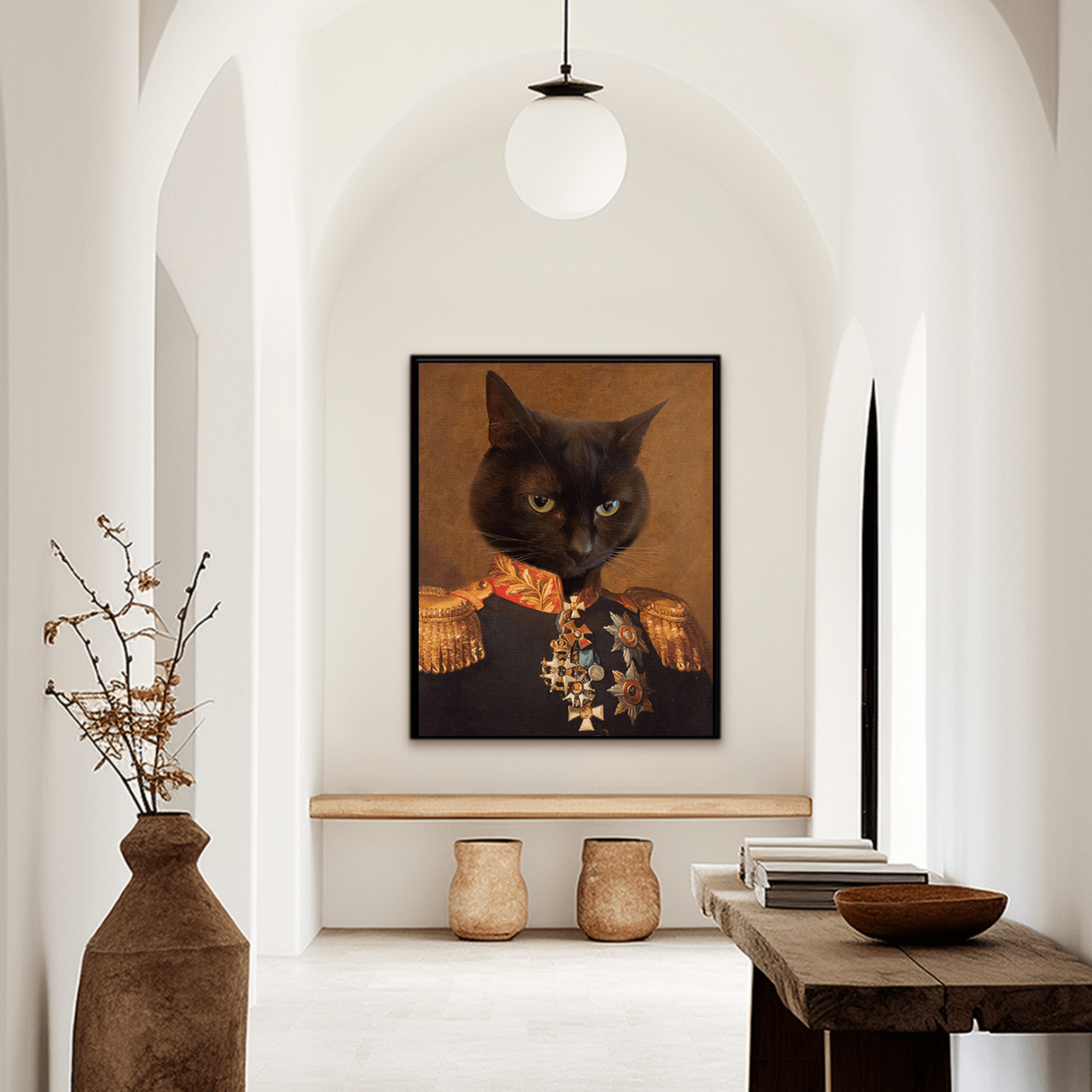 Custom military pet portrait hallway wall art. Black cat wearing regal general suit, with red and gold collar and medals.