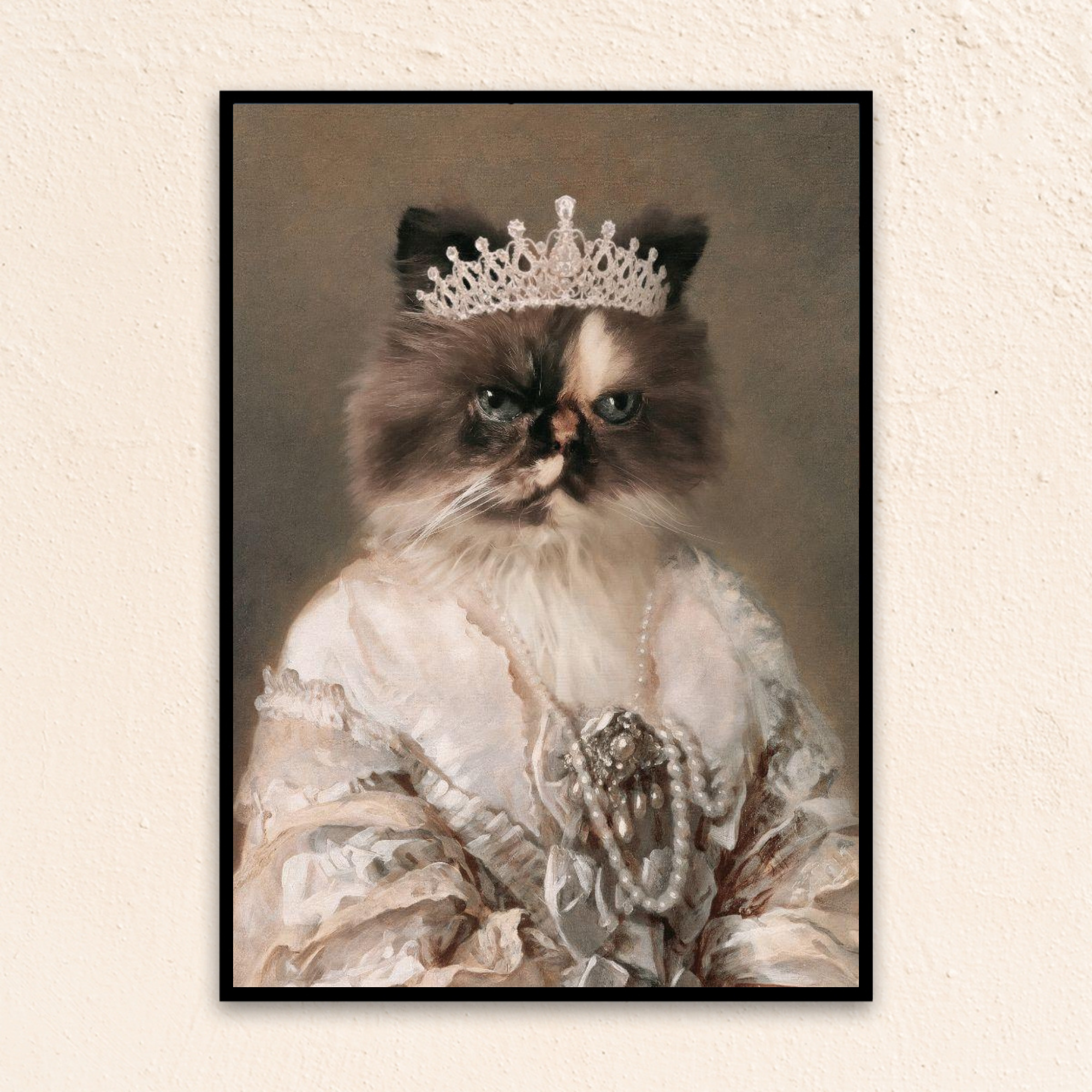 Custom royal cat portrait wall art. Persian cat wearing diamond crown and regal dress with pearls.