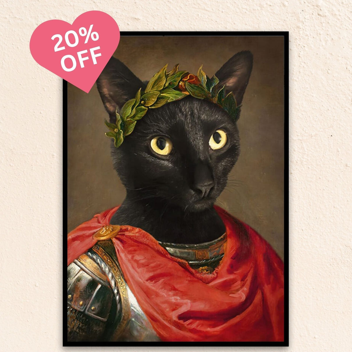 Custom royal pet portrait wall art. Black cat wearing roman military attire with red cape and leaf crown.
