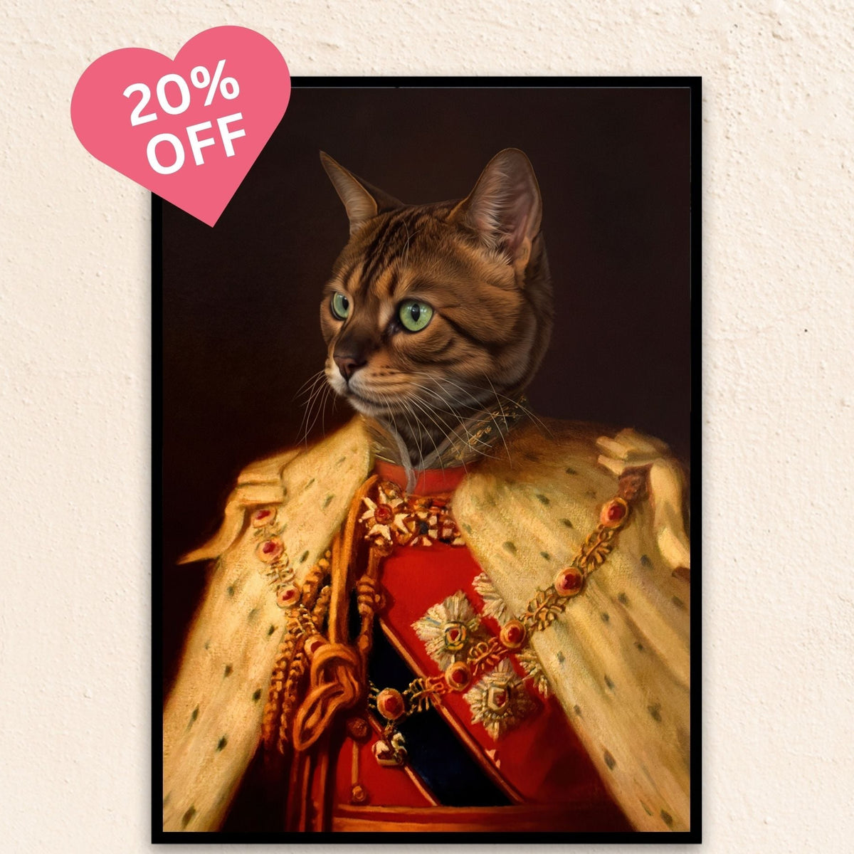 Custom royal pet portrait wall art. Dog in renaissance king's military costume with fur cape.