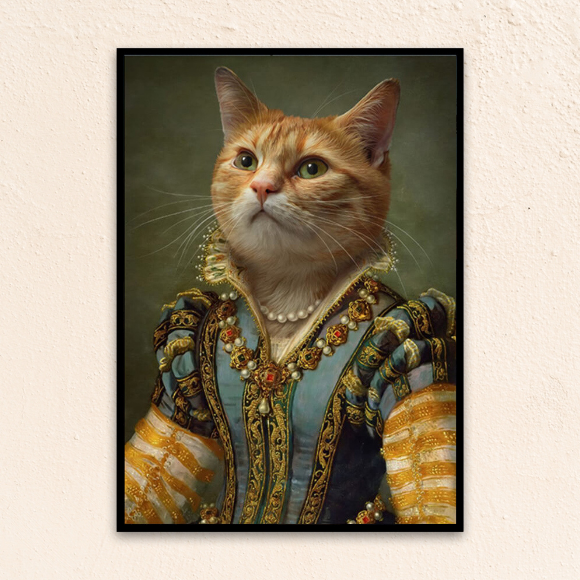 Custom regal pet portrait wall art. Orange tabby cat in renaissance dress with pearl necklace.
