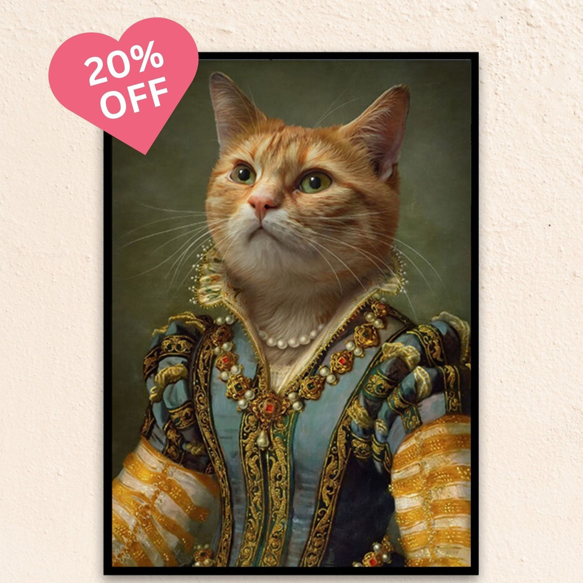 Custom regal pet portrait wall art. Orange tabby cat in renaissance dress with pearl necklace.