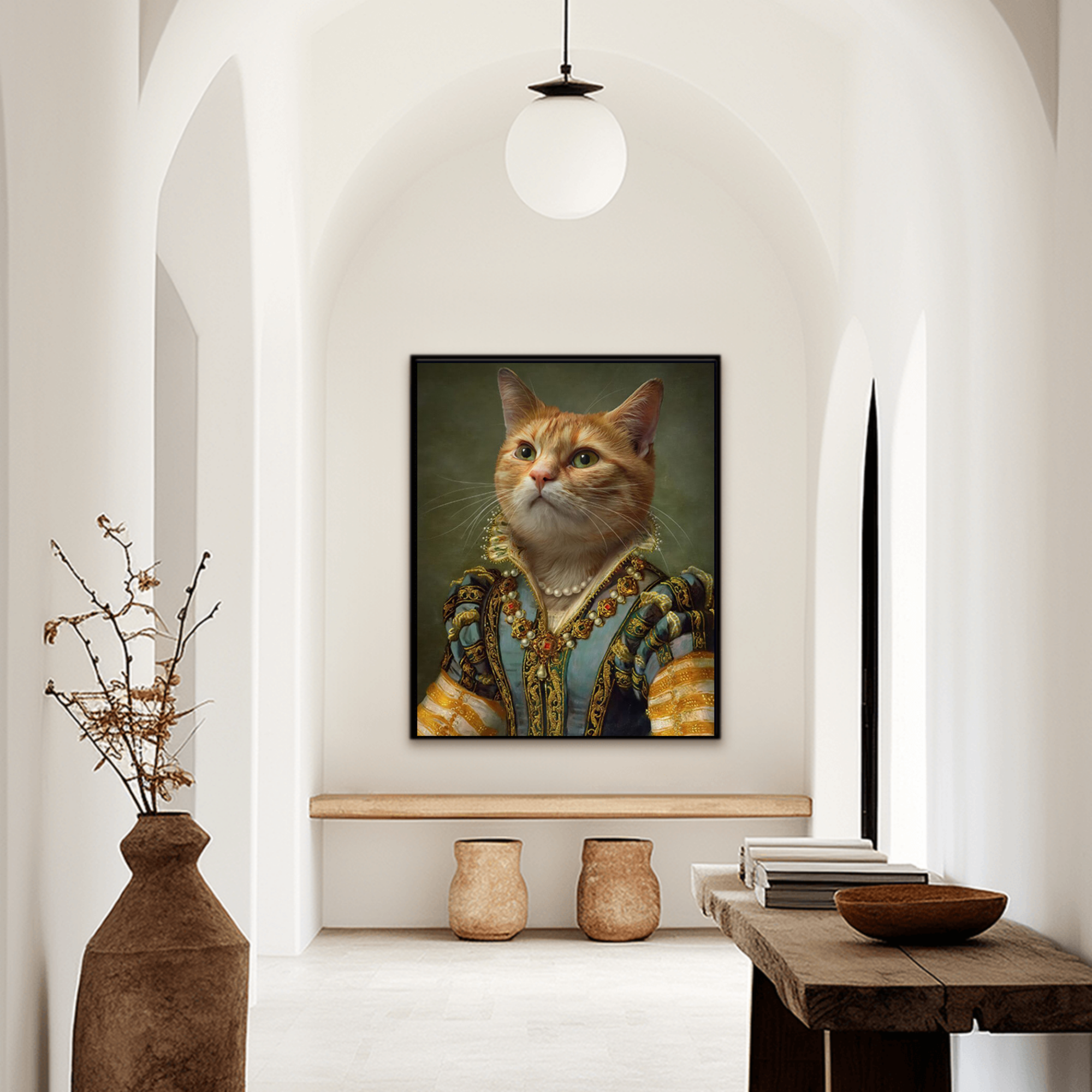 Custom regal pet portrait hallway wall art. Orange tabby cat in renaissance dress with pearl necklace.