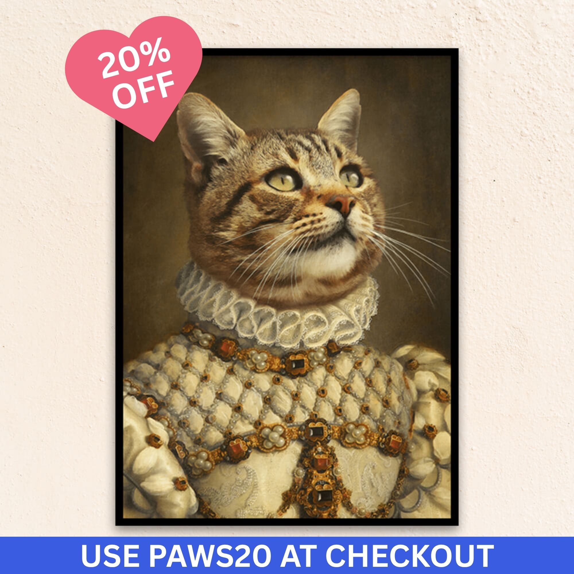 Custom royal pet portrait wall art. Ginger Tabby cat wearing a regal dress with pearls and ruby gems.
