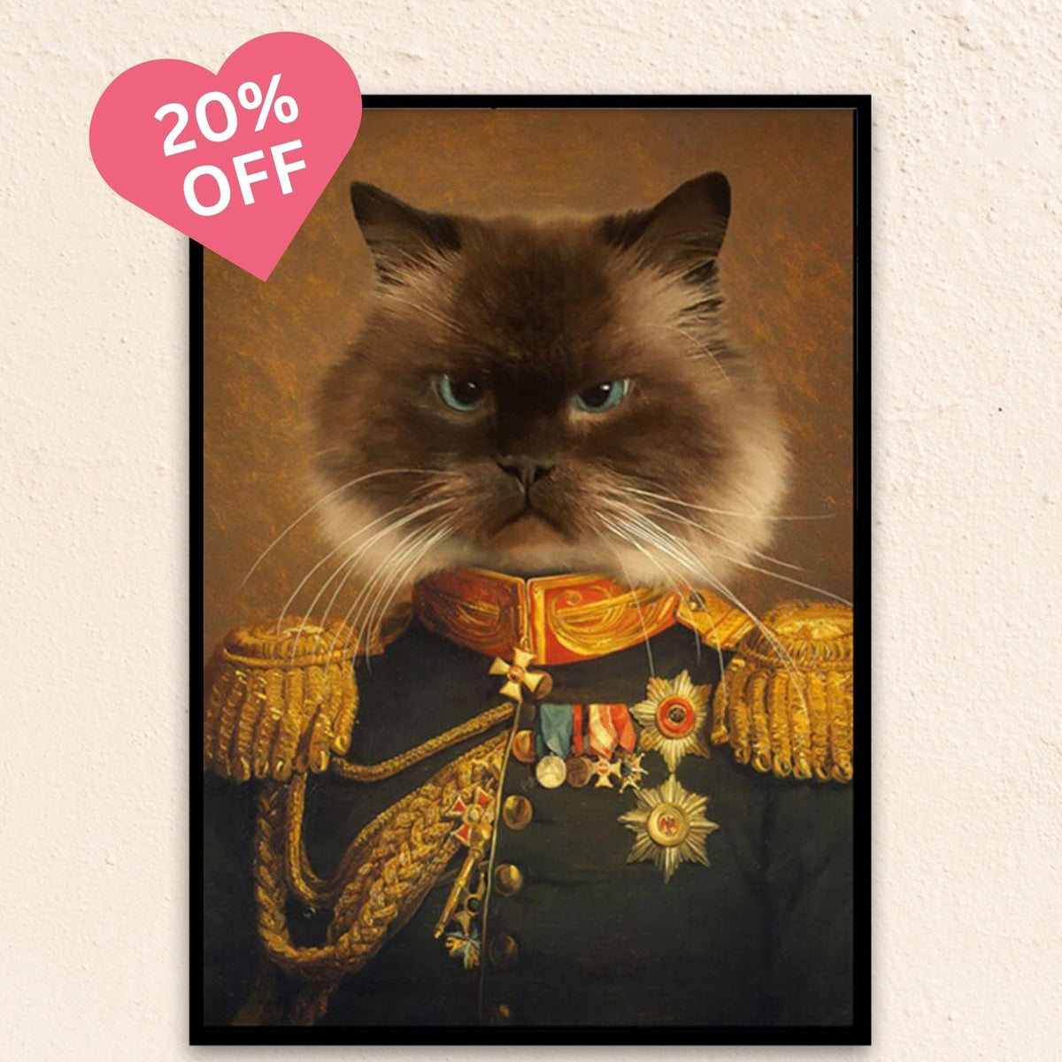 Custom royal pet portrait wall art. Siamese cat wearing renaissance royal costume with medals and red and gold collar.