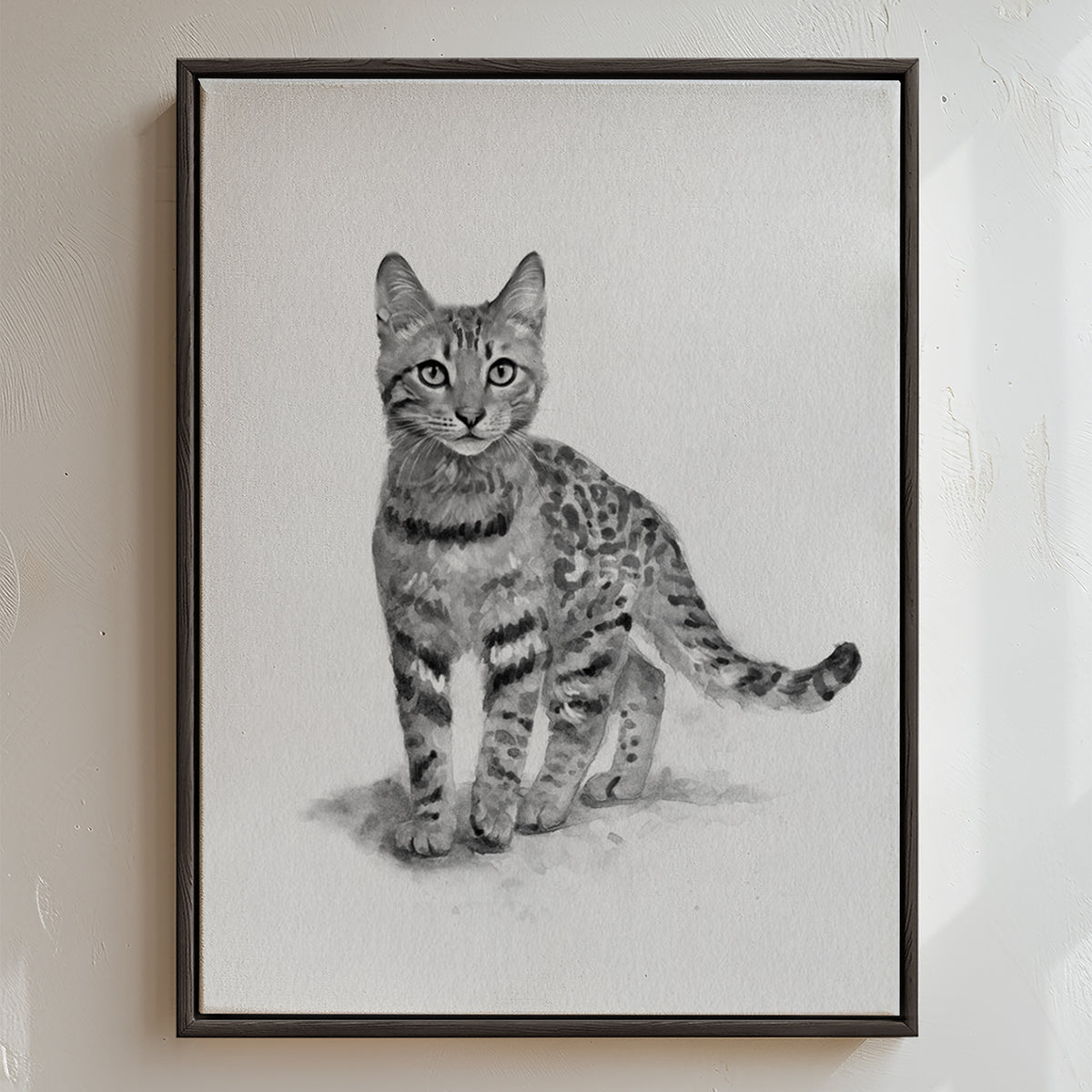 A custom black and white pet portrait featuring an elegant cat, highlighting expressive fur texture and facial details in a soft monochrome style.