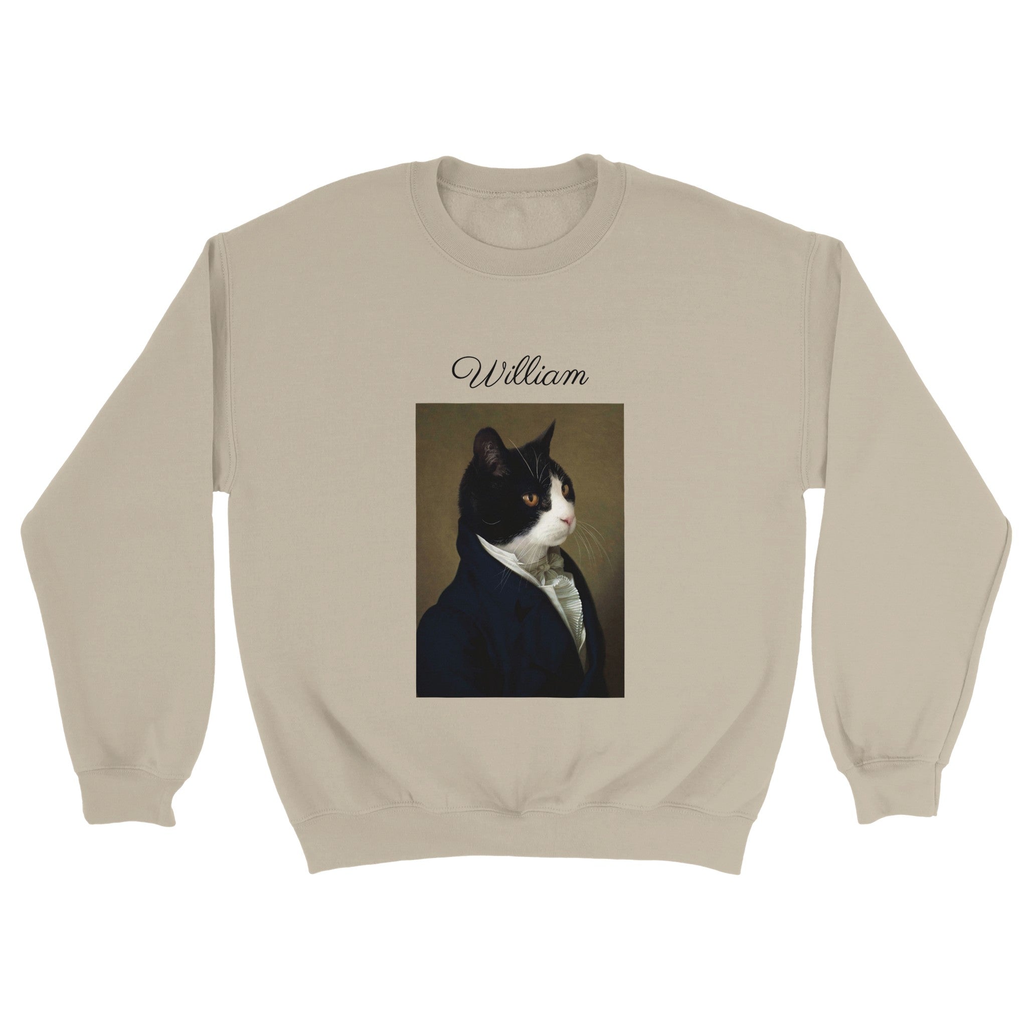 Custom royal pet portrait beige sweatshirt. Black and white cat wearing a men's renaissance jacket and white collared frilled shirt. Pet's name is above image.