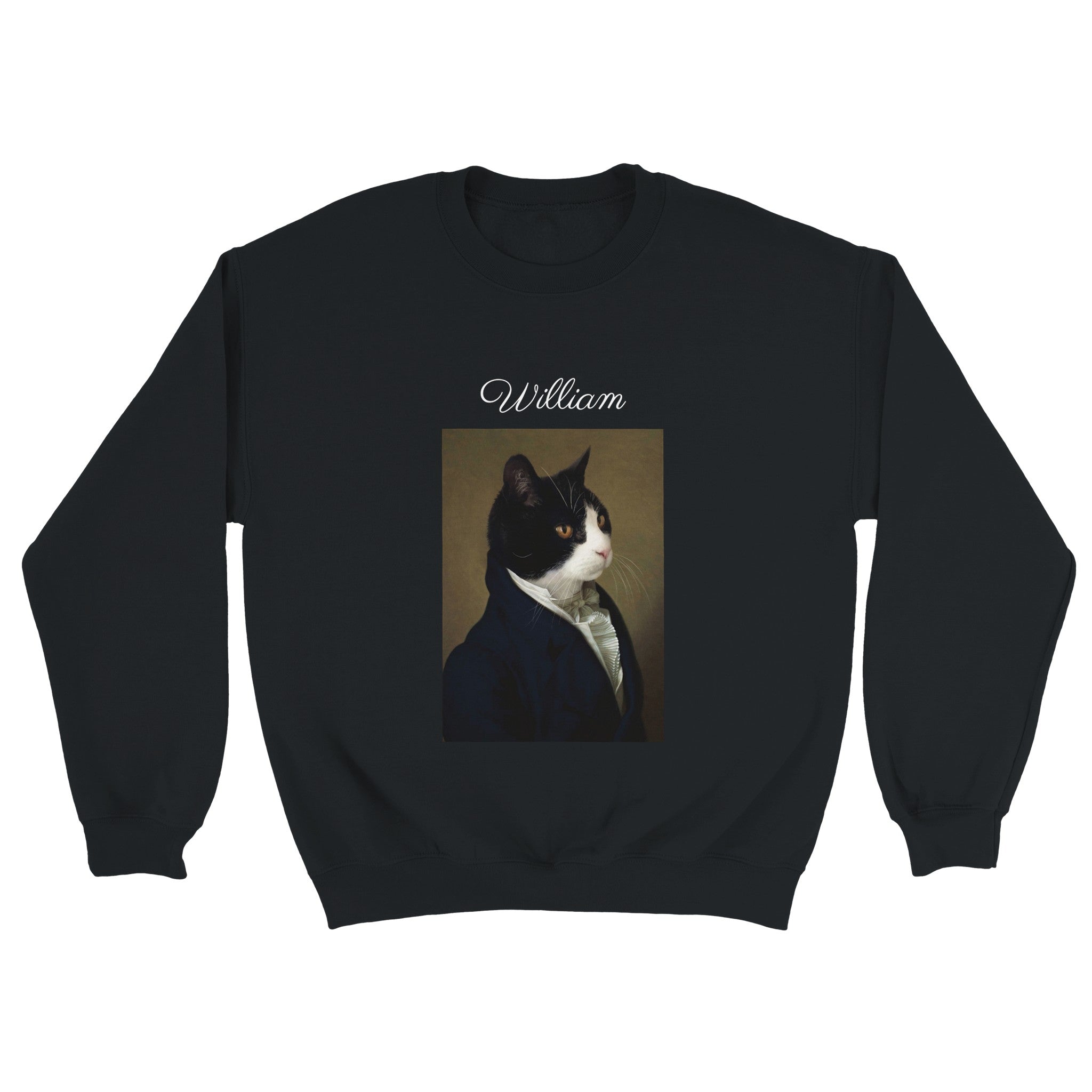 Custom royal pet portrait black sweatshirt. Black and white cat wearing a men's renaissance jacket and white collared frilled shirt. Pet's name is above image.
