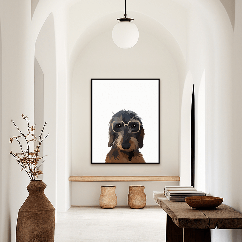 Custom funny pet portrait hallway wall art. Dachshund puppy wearing eyeglasses on a white background.