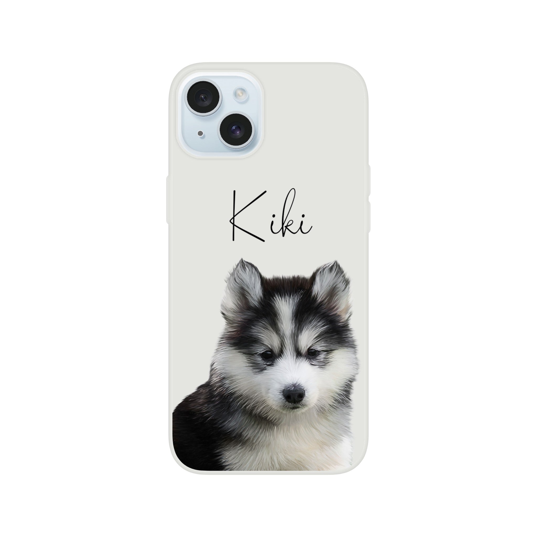 Custom pet portrait on flexible phone case. Siberian husky puppy with personalized pet name above pet.