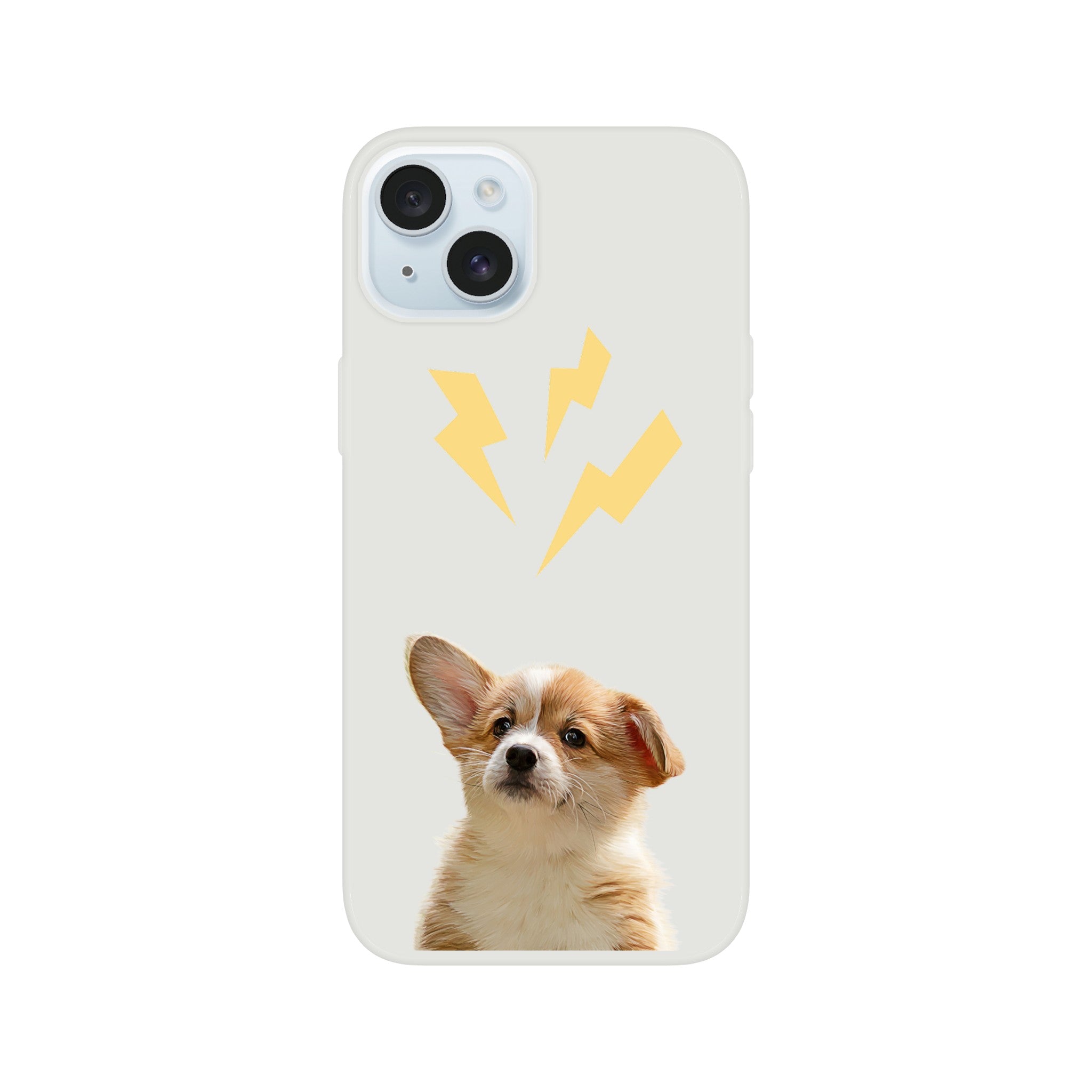 Custom pet portrait on flexible phone case. Corgi puppy with lightening bolts above pet.