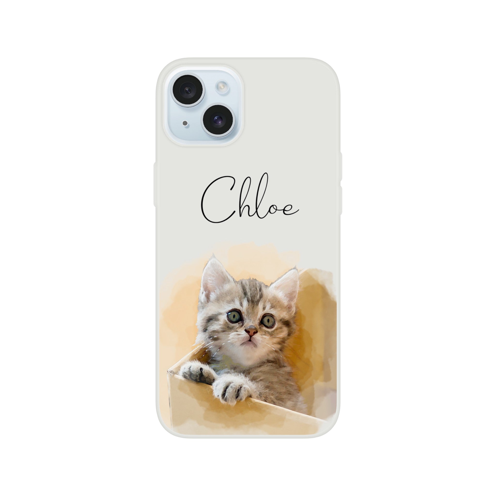 Custom watercolor pet portrait on flexible phone case. Tabby grey kitten with watercolor orange background and pet name above pet.
