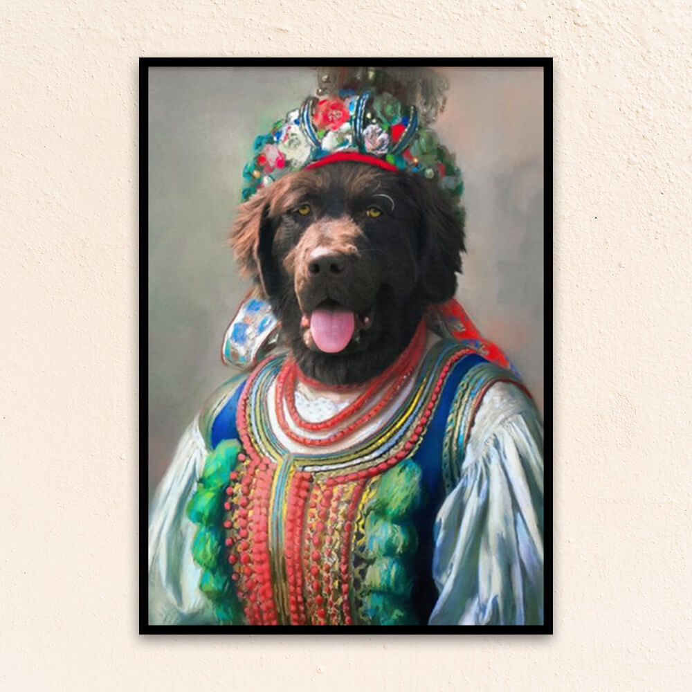 Custom royal pet portrait wall art. Dog in folk costume with floral headwrap.