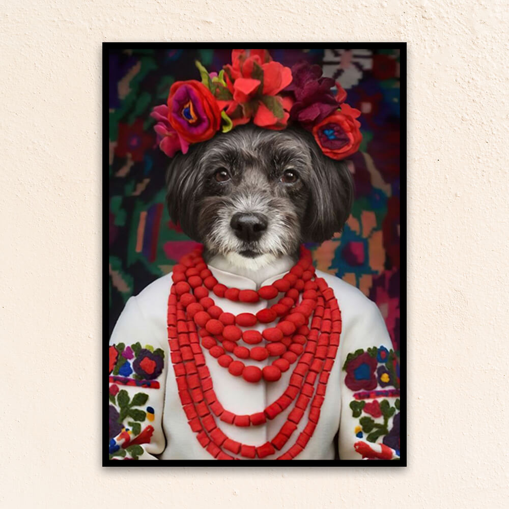 Custom royal pet portrait wall art. Dog in folk costume with floral crown and red bead necklaces.
