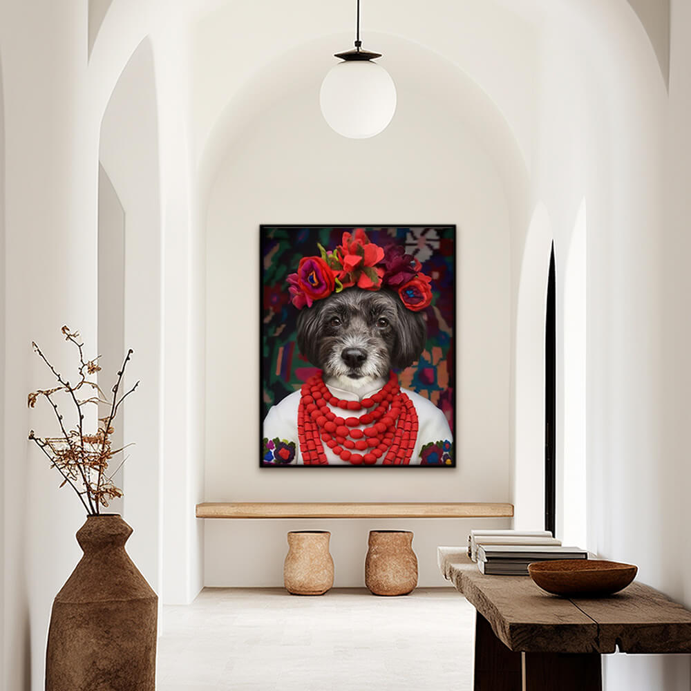 Custom royal pet portrait wall art. Dog in folk costume with floral crown and red bead necklaces.