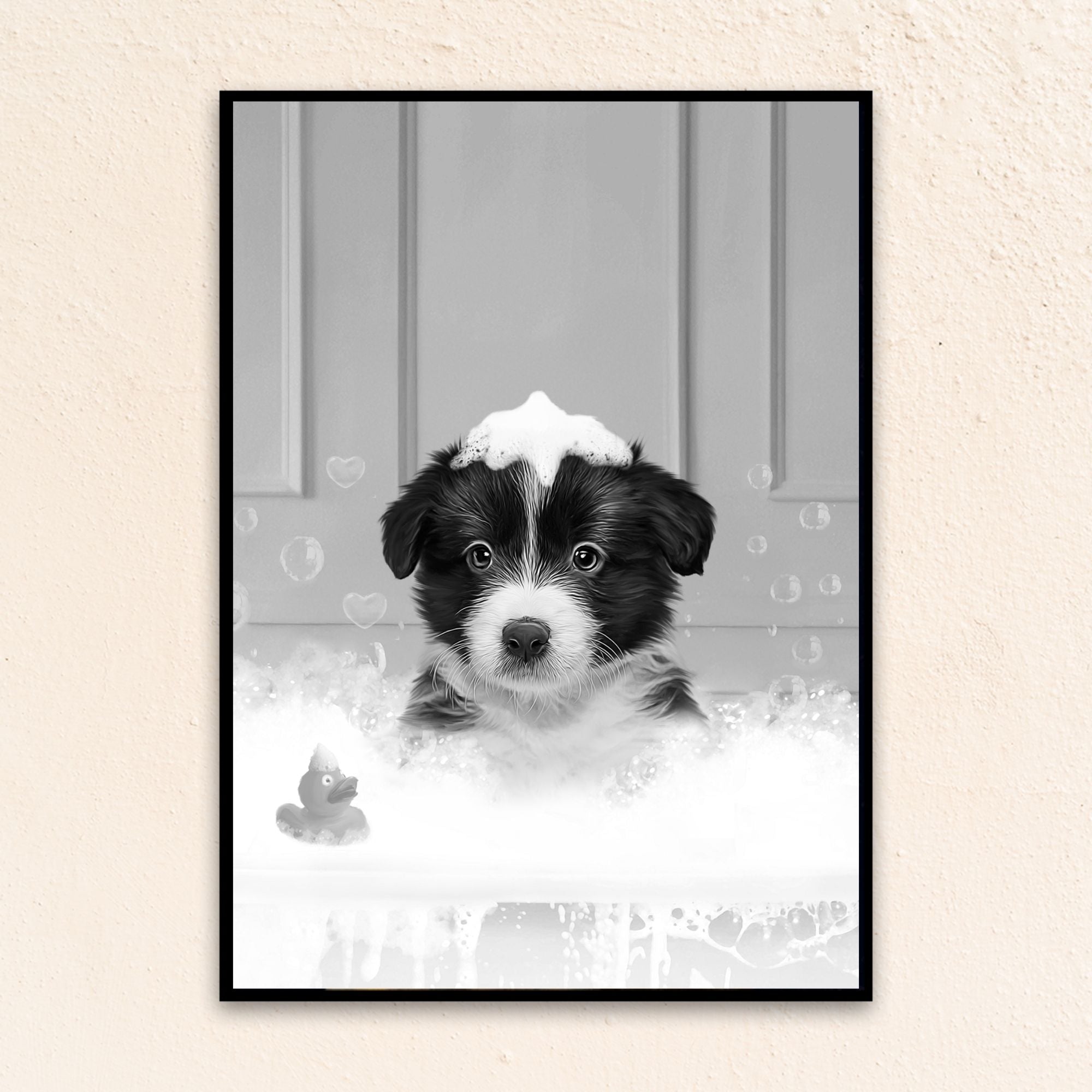 Custom Funny Art Pet Portrait | In The Bath Tub Close Up - Black & White