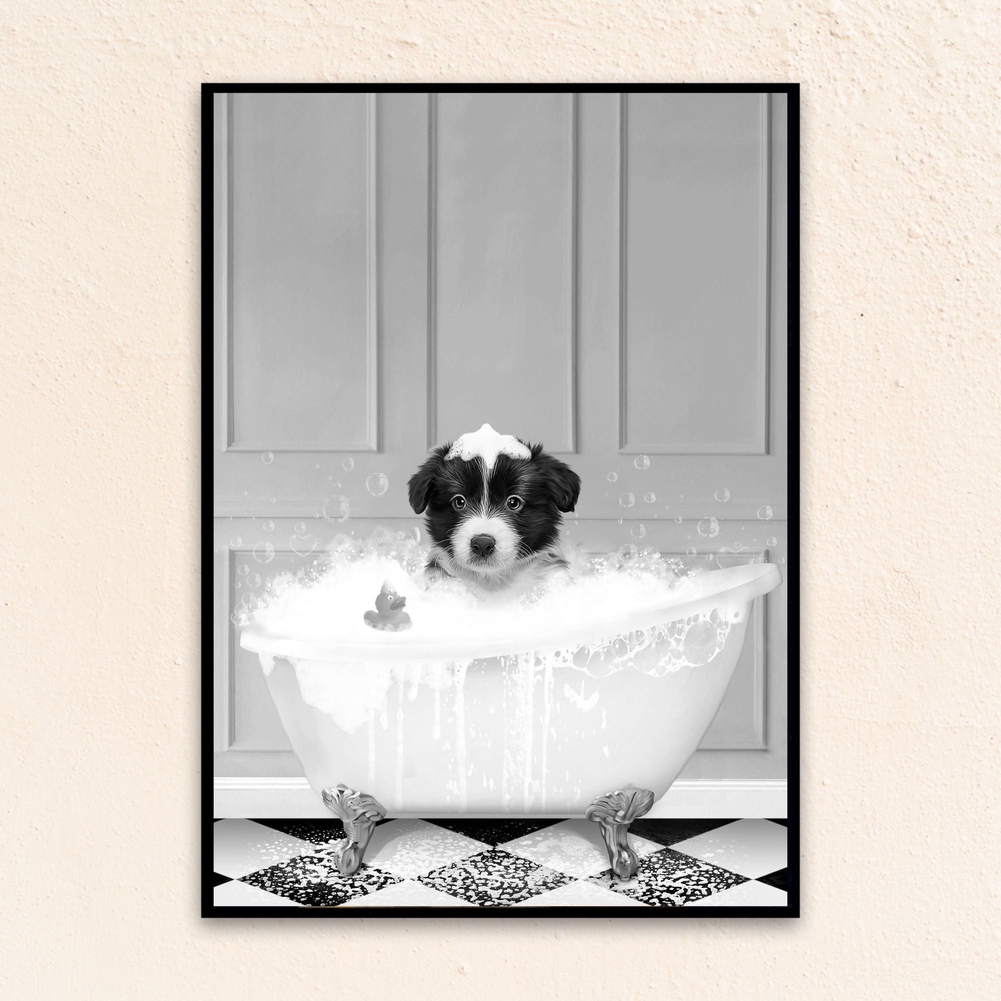 Custom Funny Art Pet Portrait | In The Bath Tub - Black & White