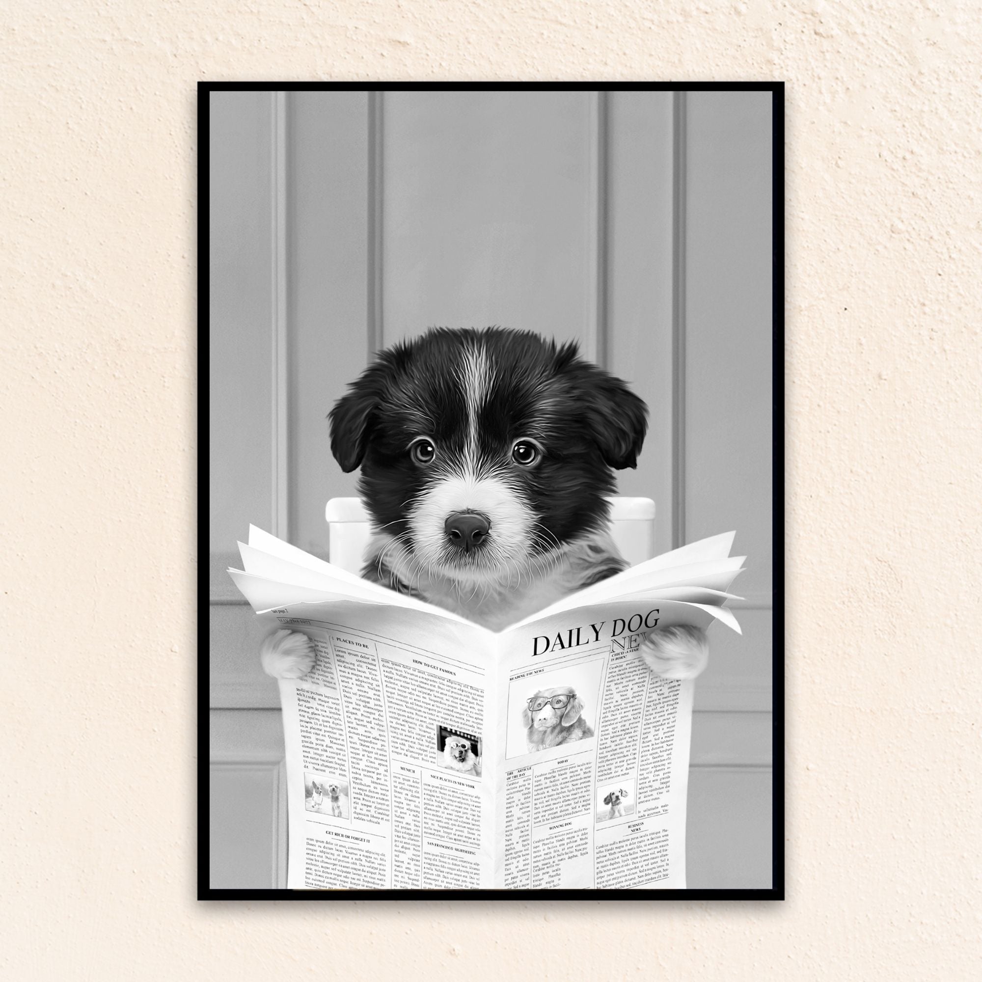 Custom Bathroom Dog Portrait I Close Up Reading A Newspaper - Black & White