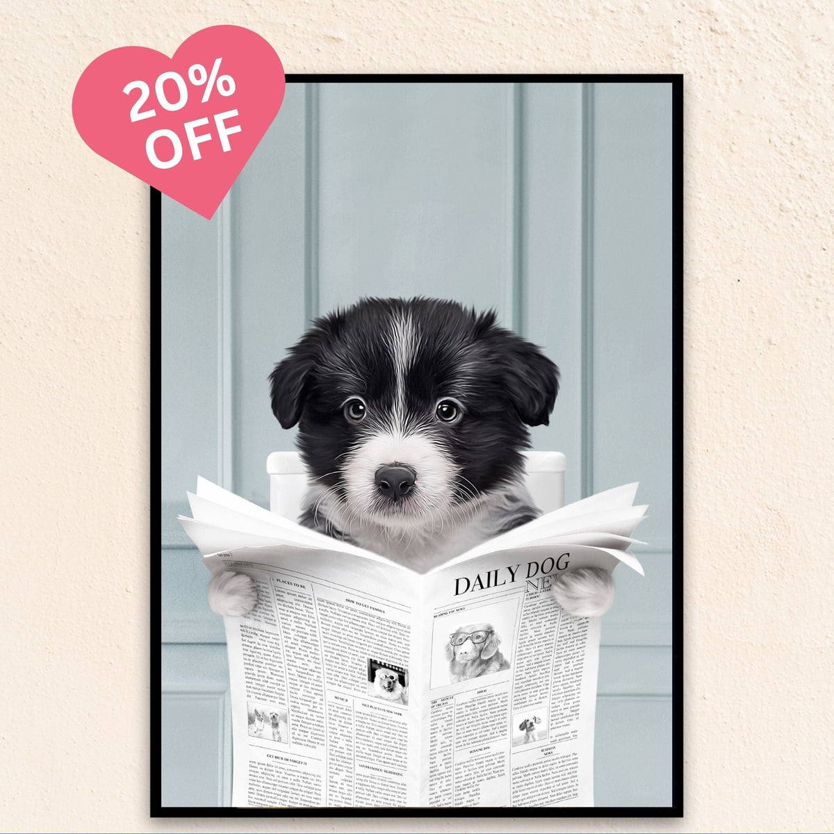 Custom Bathroom Pet Portrait | Close Up Reading A Newspaper - Blue