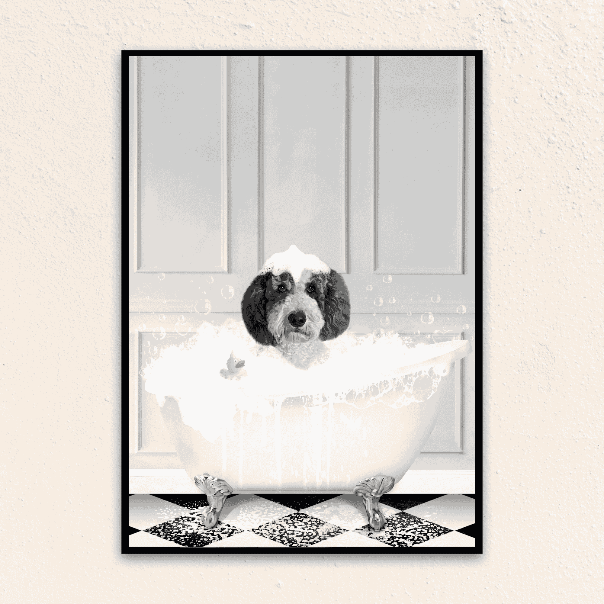 Custom Funny Art Pet Portrait | In The Bath Tub - Black & White