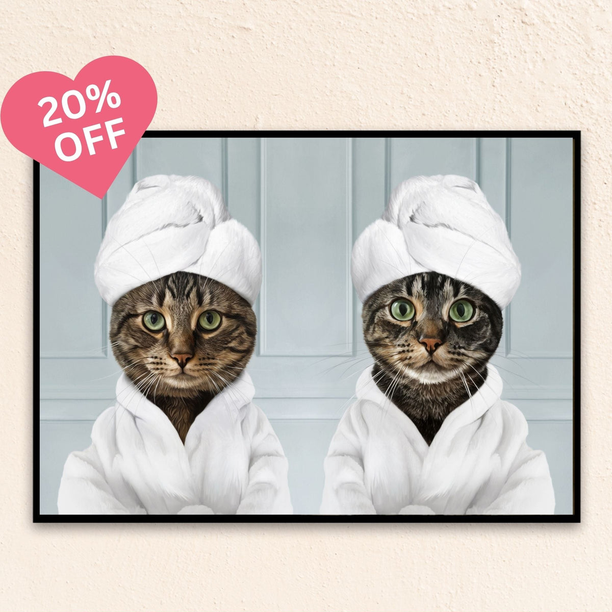 A playful custom pets portrait featuring two cats in white bathrobes with towel-wrapped heads, set against soft blue bathroom wall panels. This piece fits perfectly with cat bathroom art, while also complementing collections styled as dog bathroom art.