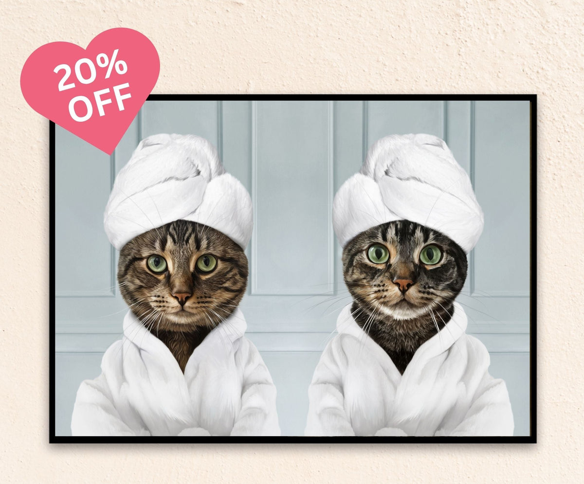 A playful custom pets portrait featuring two cats in white bathrobes with towel-wrapped heads, set against soft blue bathroom wall panels. This piece fits perfectly with cat bathroom art, while also complementing collections styled as dog bathroom art.