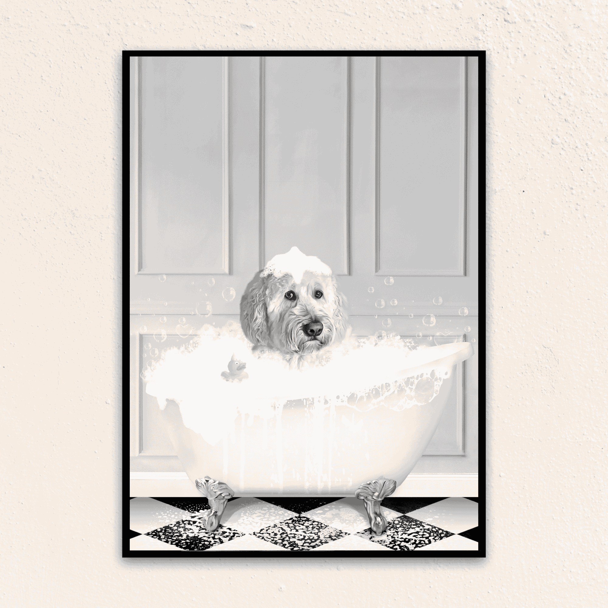 Custom Funny Art Pet Portrait | In The Bath Tub - Black & White
