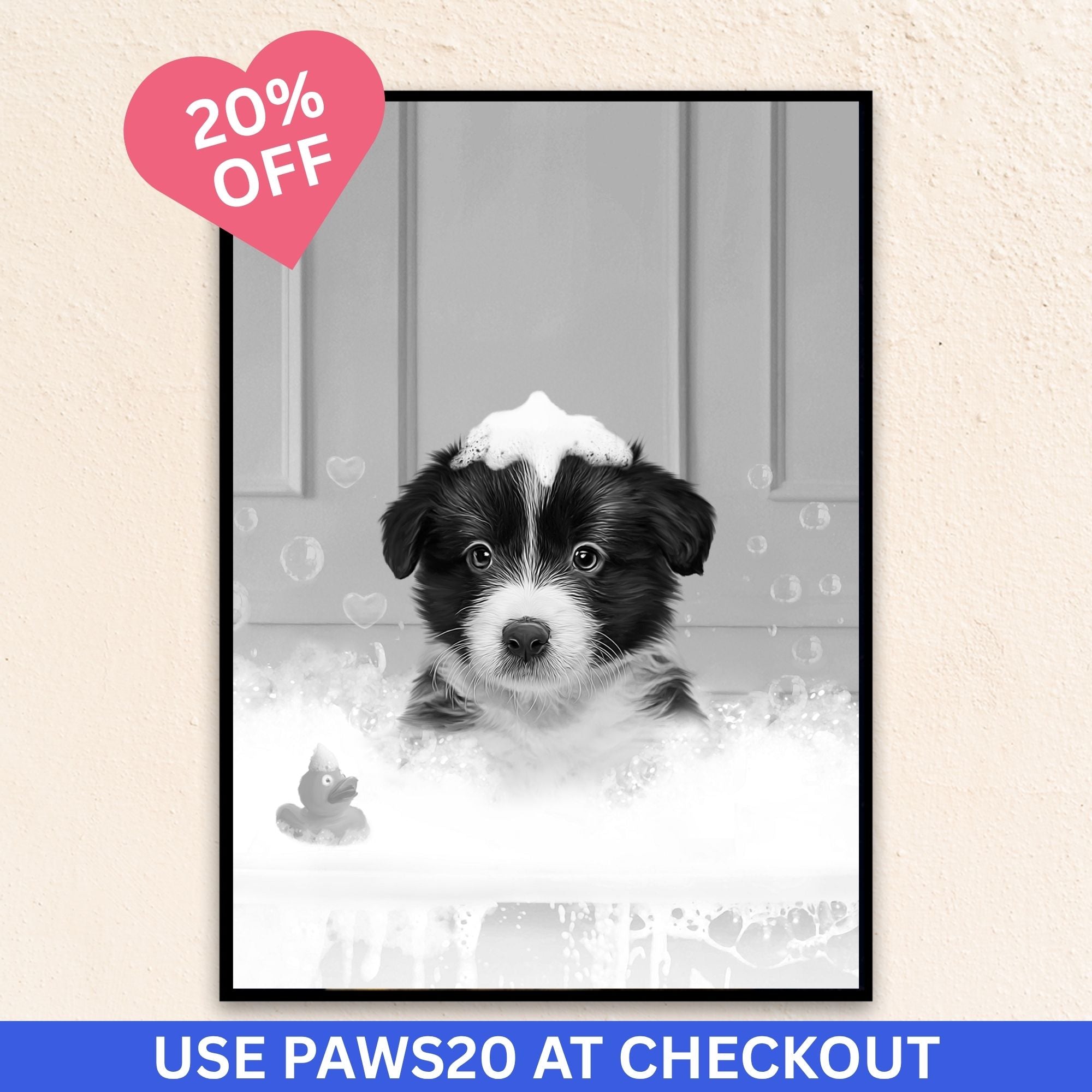 Custom Funny Art Pet Portrait | In The Bath Tub Close Up - Black & White