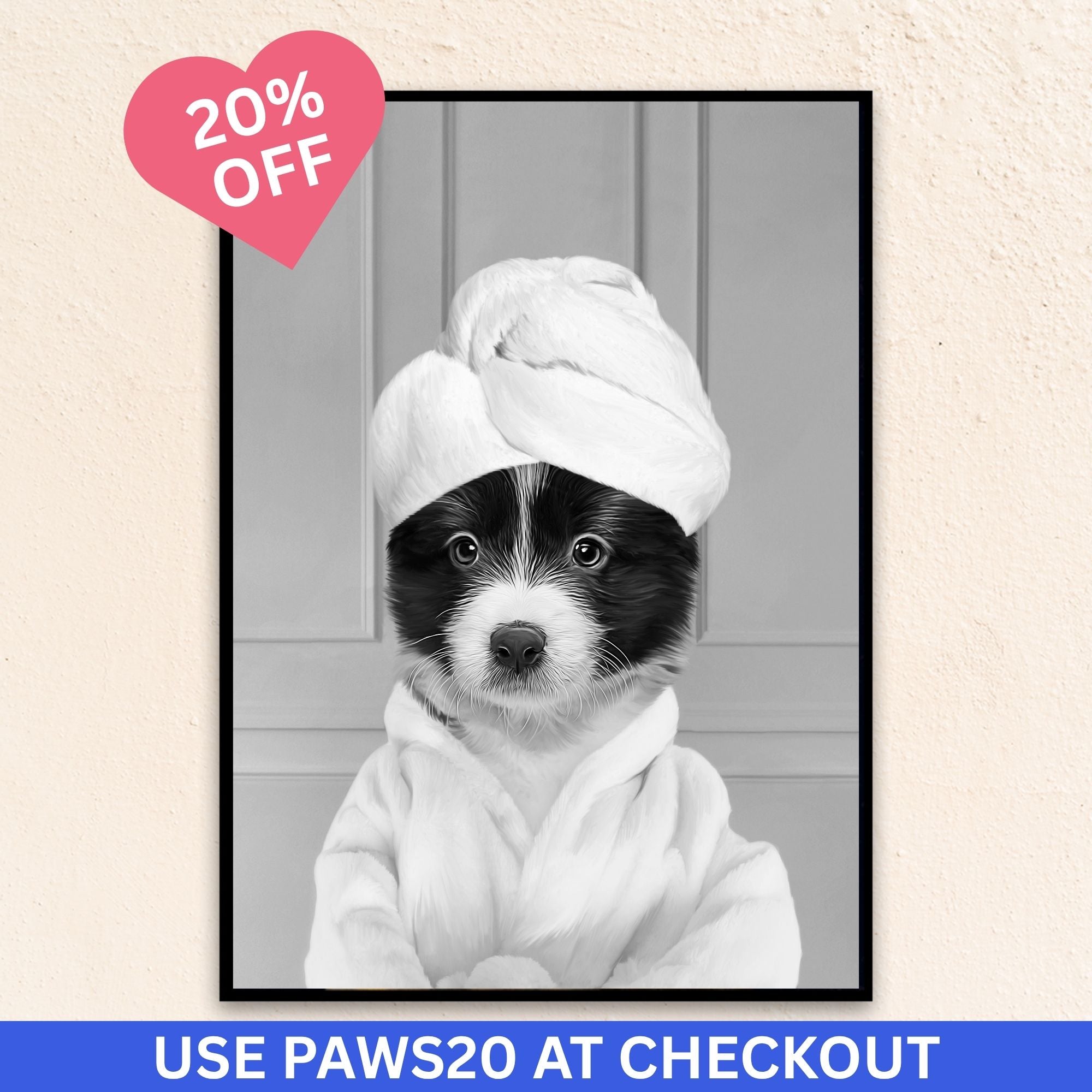 Custom Funny Art Pet Portrait | Wearing A Bathrobe - Black & White