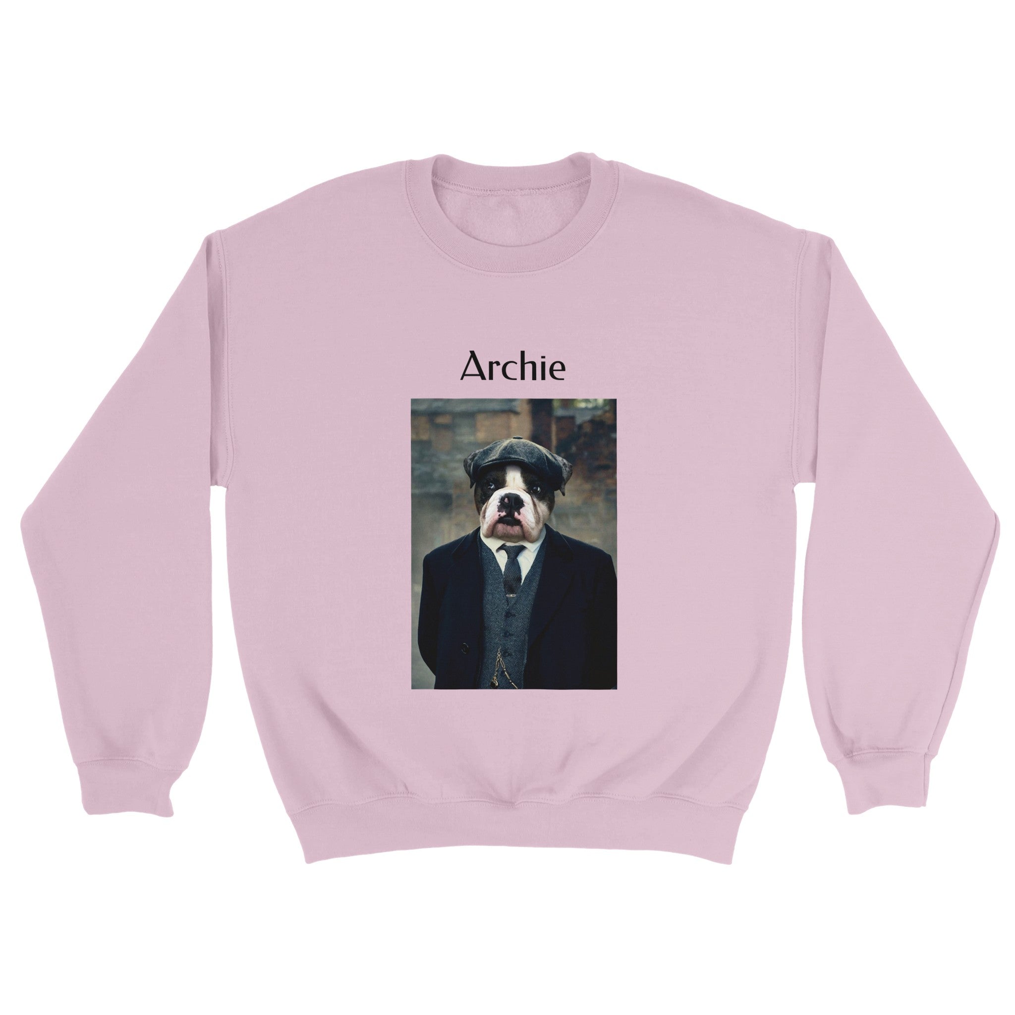 Custom regal pet portrait sweatshirt. Bulldog wearing English gangster attire. On a pink sweatshirt. The pet name is above image.