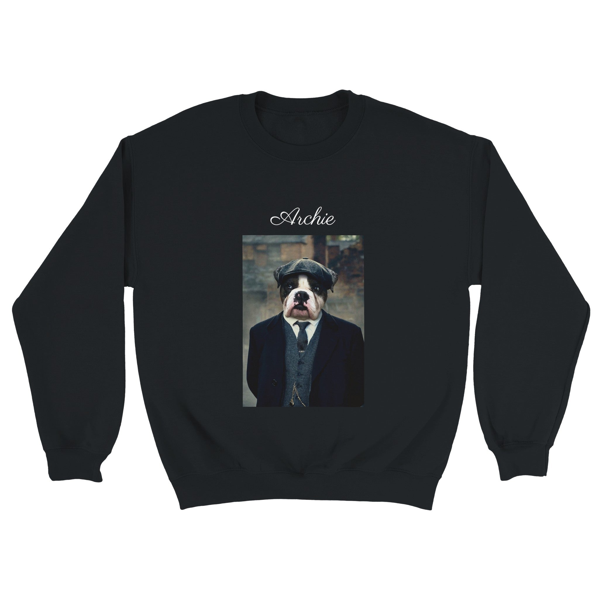 Custom regal pet portrait sweatshirt. Bulldog wearing English gangster attire. On a black sweatshirt. The pet name is above image.