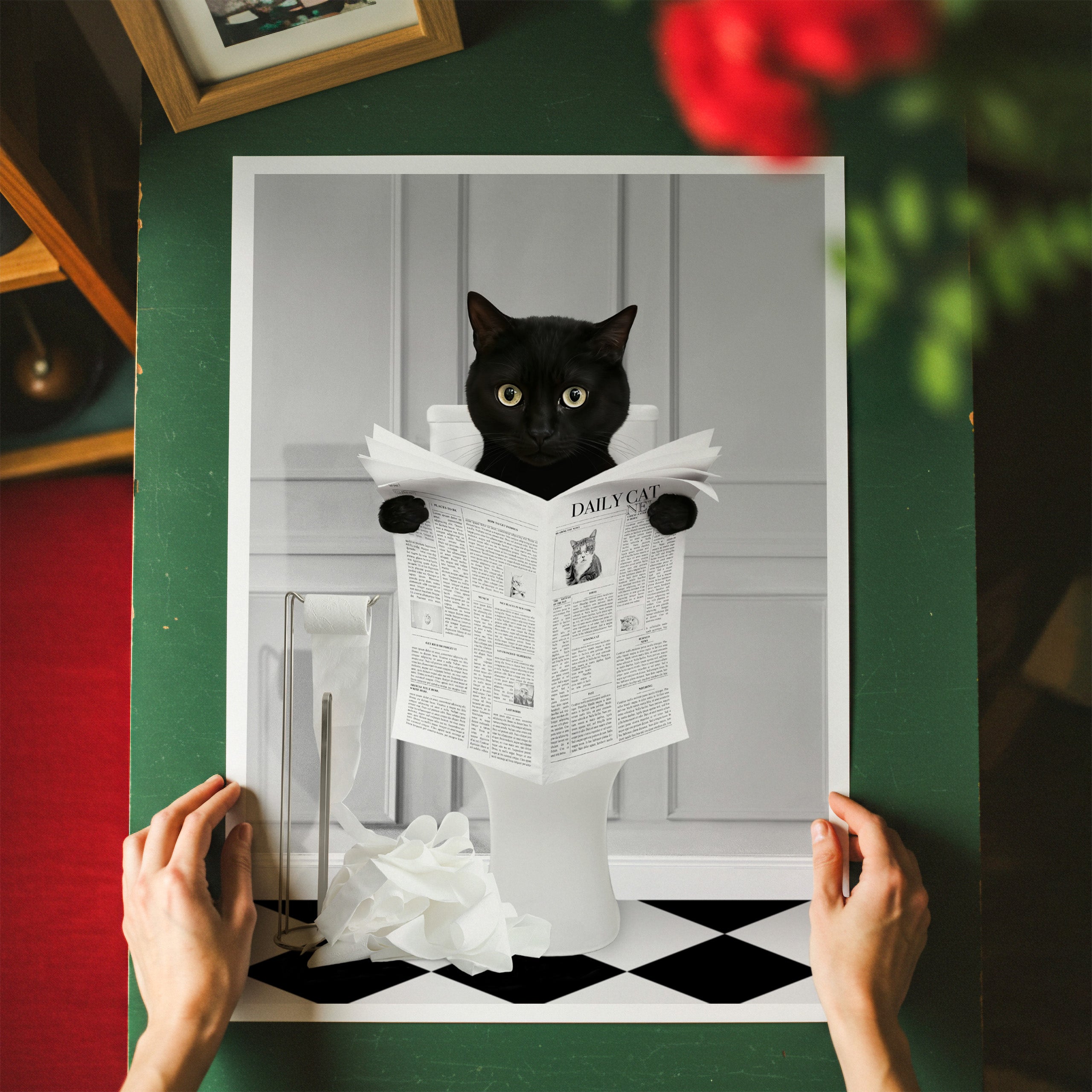 Custom Cat Bathroom Art I Reading A Newspaper - Gray