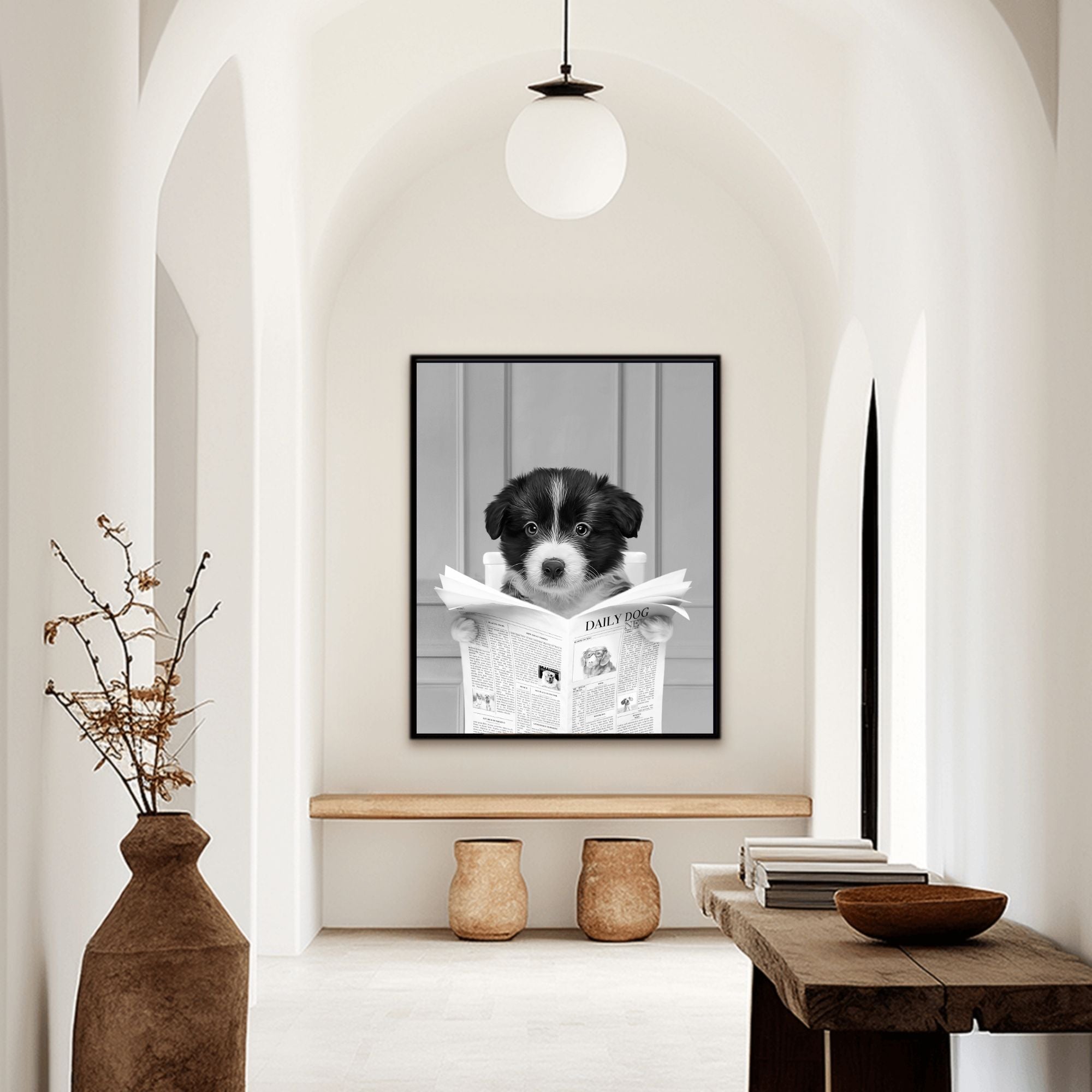 Custom Bathroom Dog Portrait I Close Up Reading A Newspaper - Black & White
