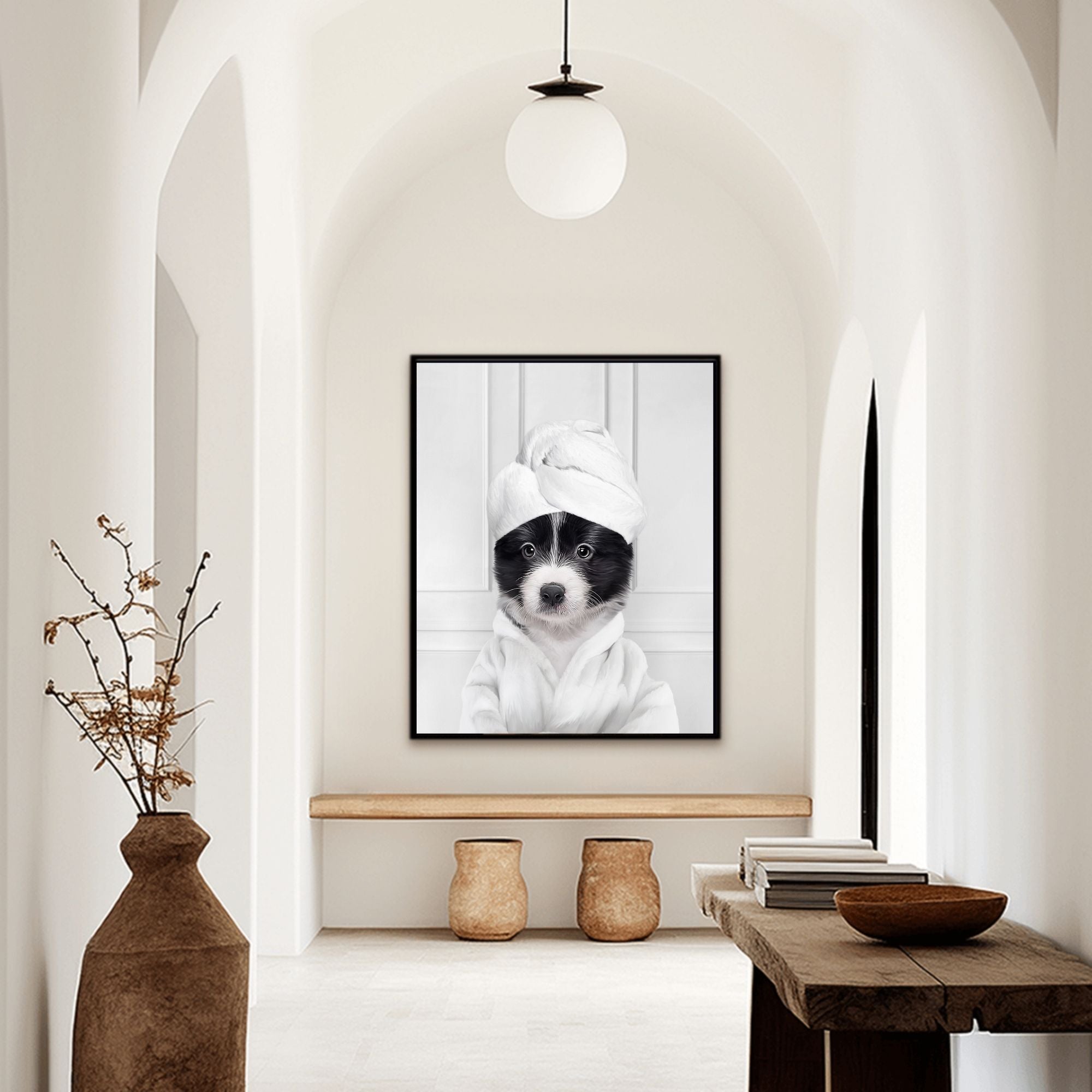 Custom funny pet portrait wall art, Border Collie puppy in bathrobe and towel at spa.