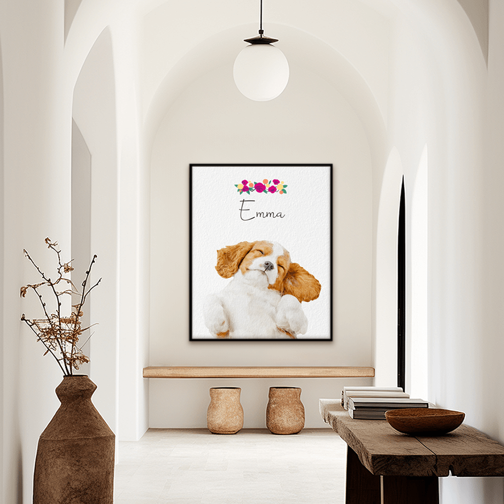 Custom watercolor pet portrait hallway wall art. Cavalier King Charles Spaniel with the pet's name above the pet. With a floral crown above the pet's name.