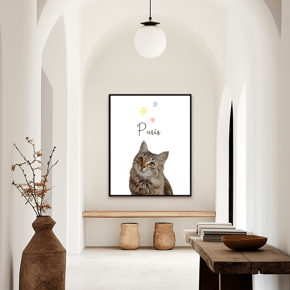 Pet's name above cat and pastel stars.