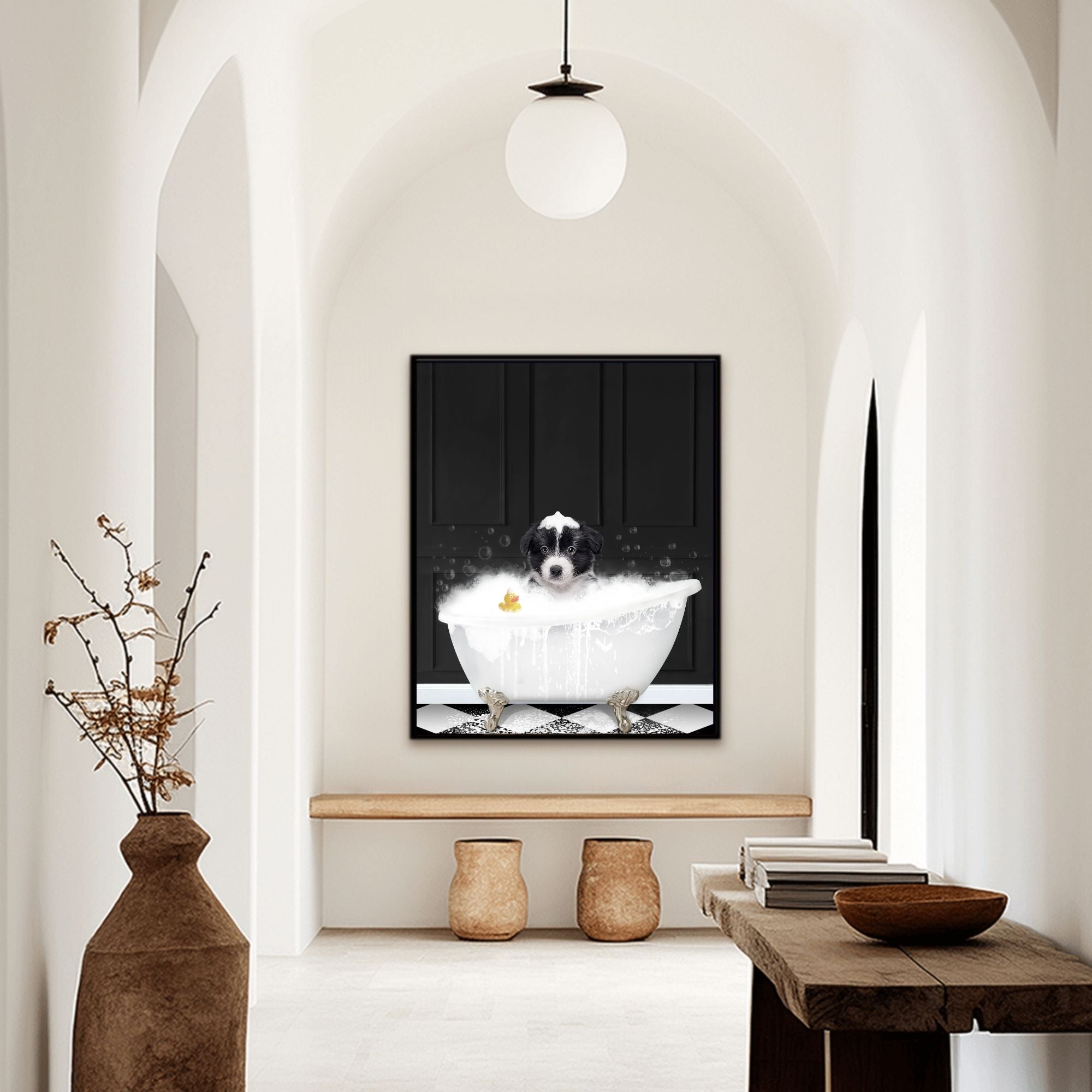 Custom funny pet portrait wall art, Border Collie puppy in bath tub with rubber duckie and black and white checker tiled floor.