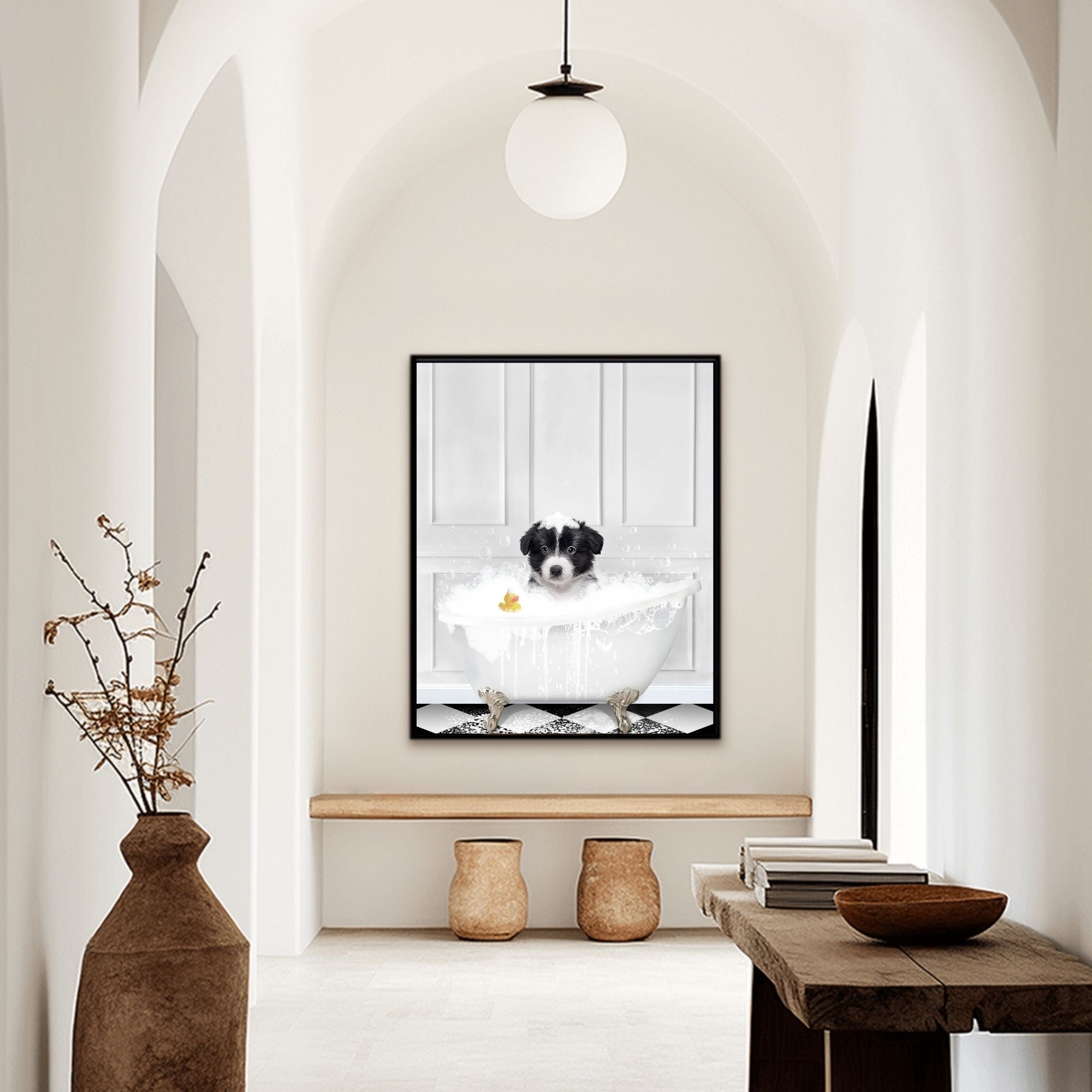Custom funny pet portrait wall art, Border Collie puppy in bath tub with rubber duckie and black and white checker tiled floor.