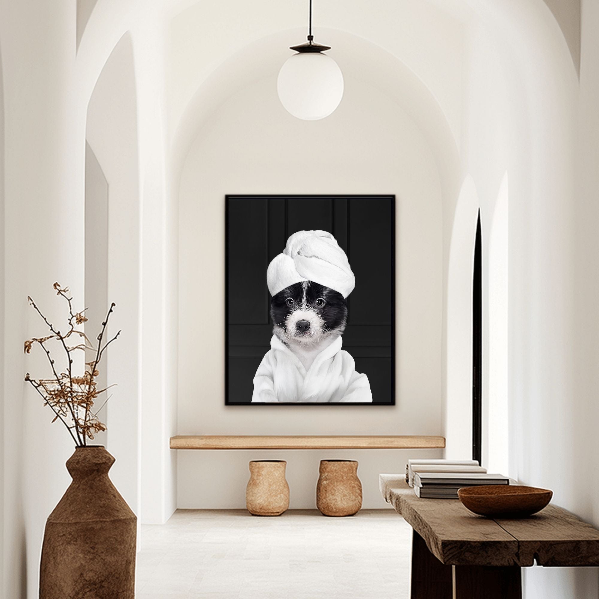 Custom funny pet portrait wall art, Border Collie puppy in bathrobe and towel at spa.