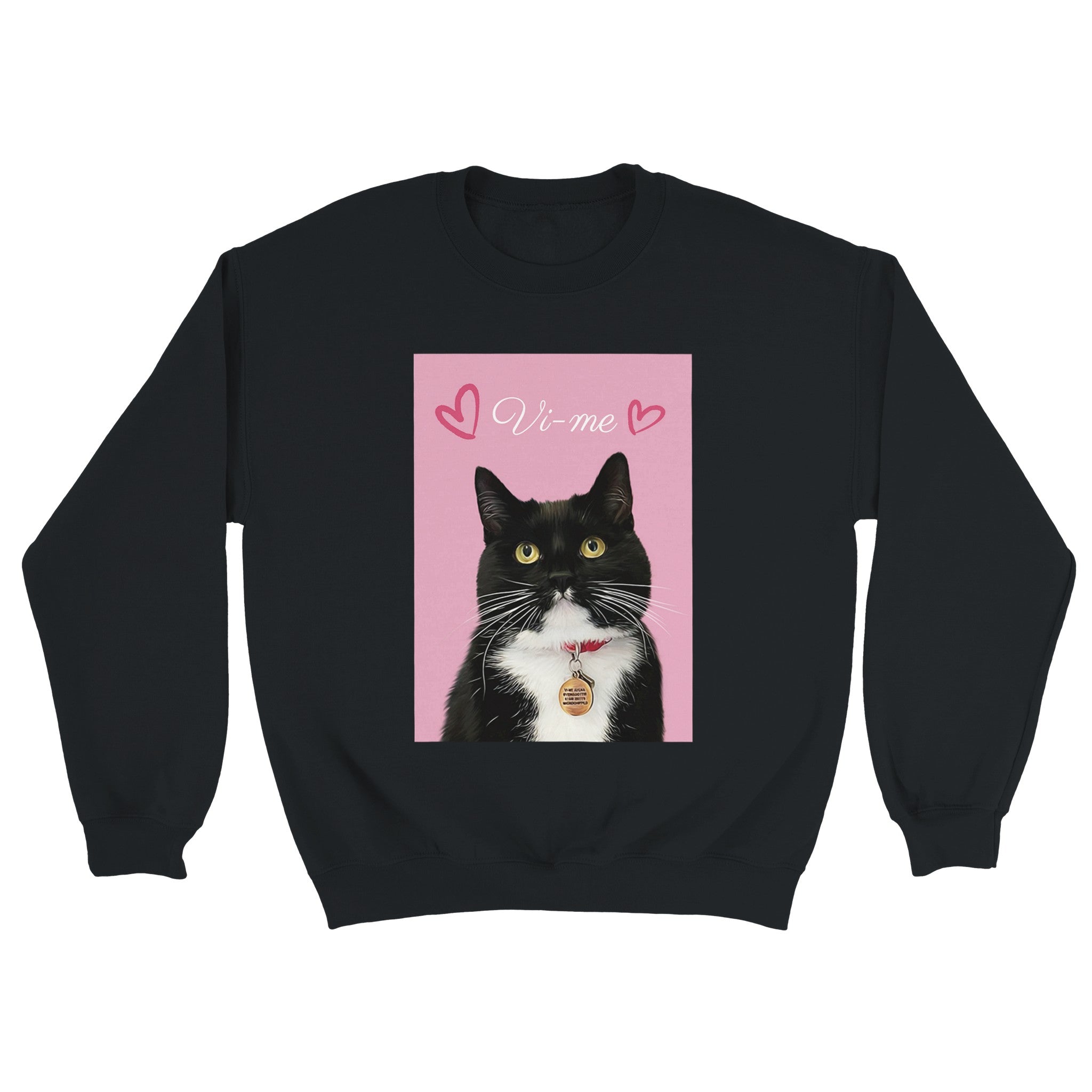 Custom minimal pet portrait on black sweatshirt. Black and white cat with pet's name at the top with red hearts on each side of the name. Picture background is pink.