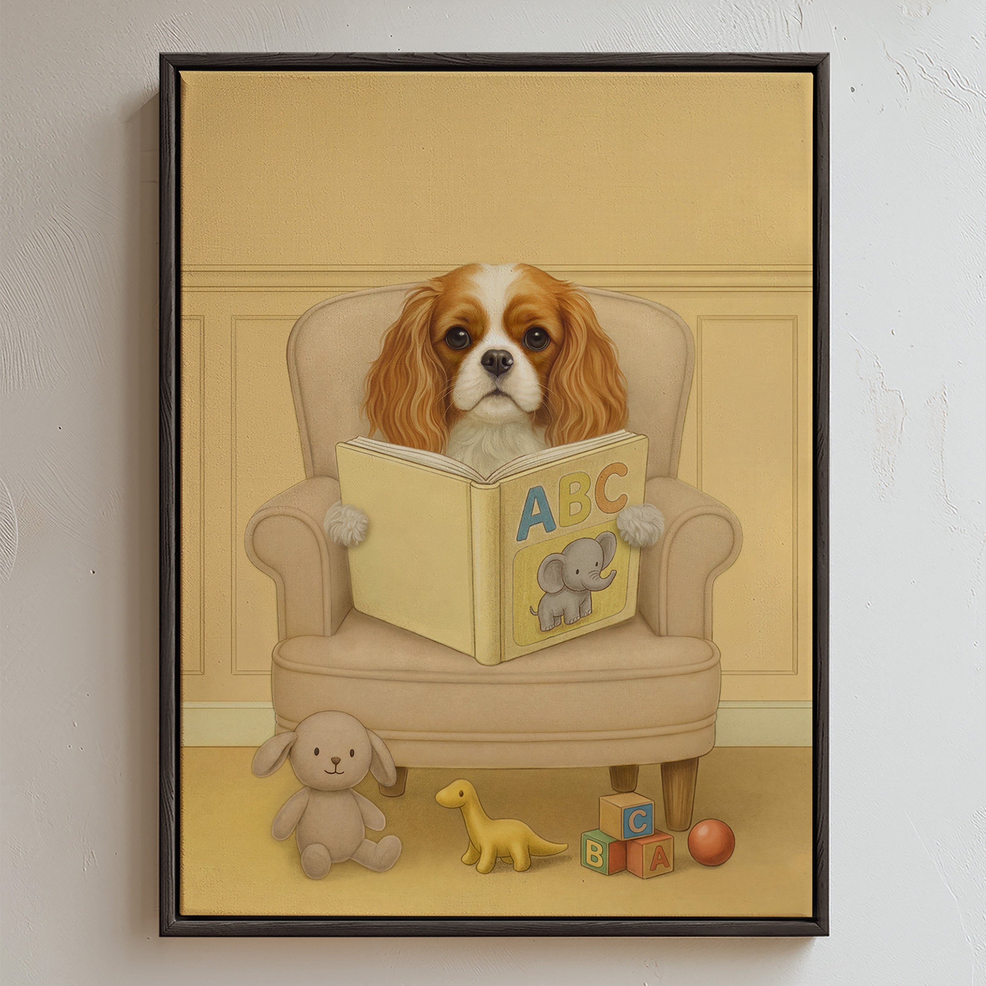 Custom pet portrait of a dog seriously reading, enclosed in soft yellow room, holding a yellow ABC book with an elephant illustration, surrounded by plush toys and alphabet blocks.