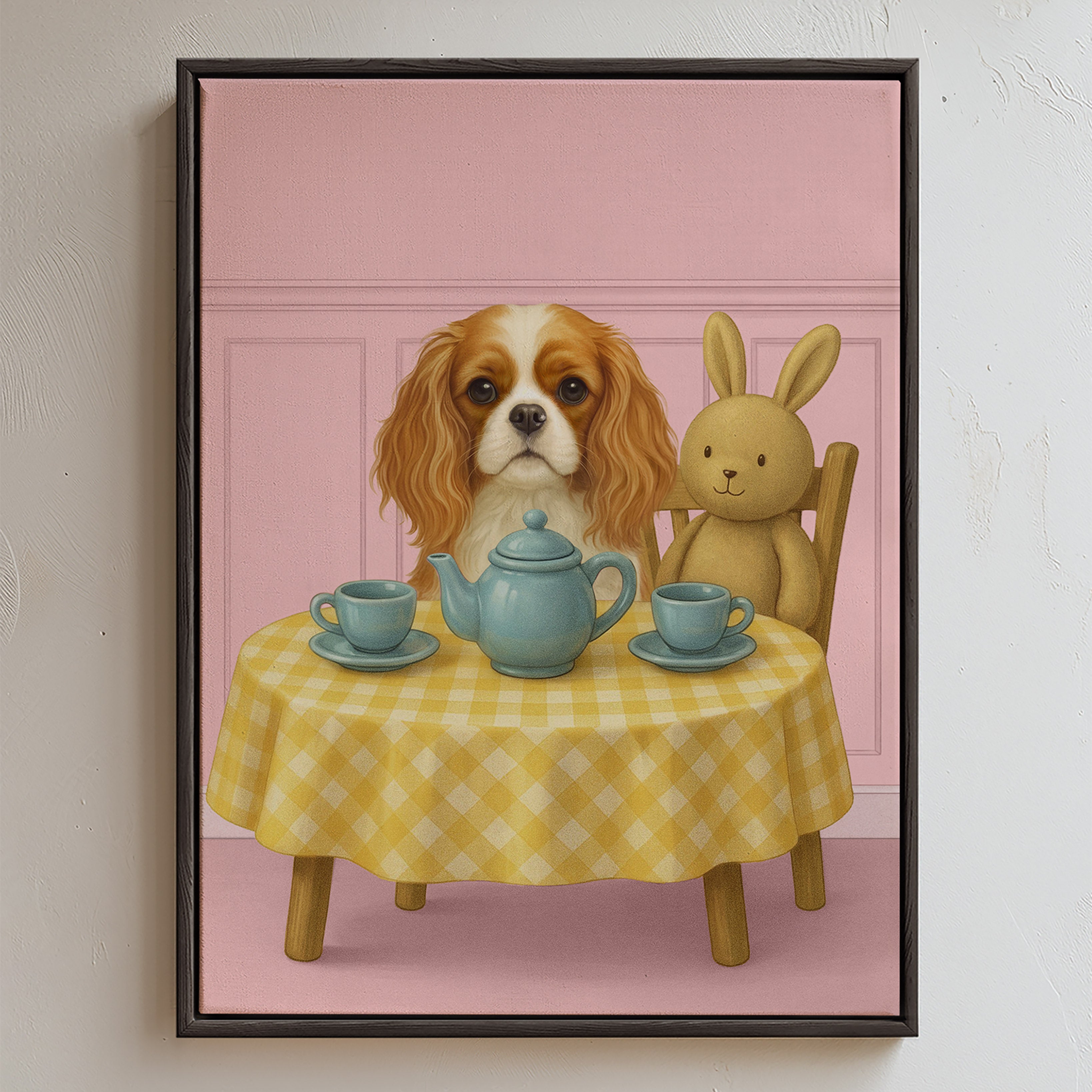 Custom nursery pet photo in a baby pink color setting of a pup having tea party with a cute bunny sitting at a yellow‑checkered table with blue teacups and teapot, feasting on a friendship together.