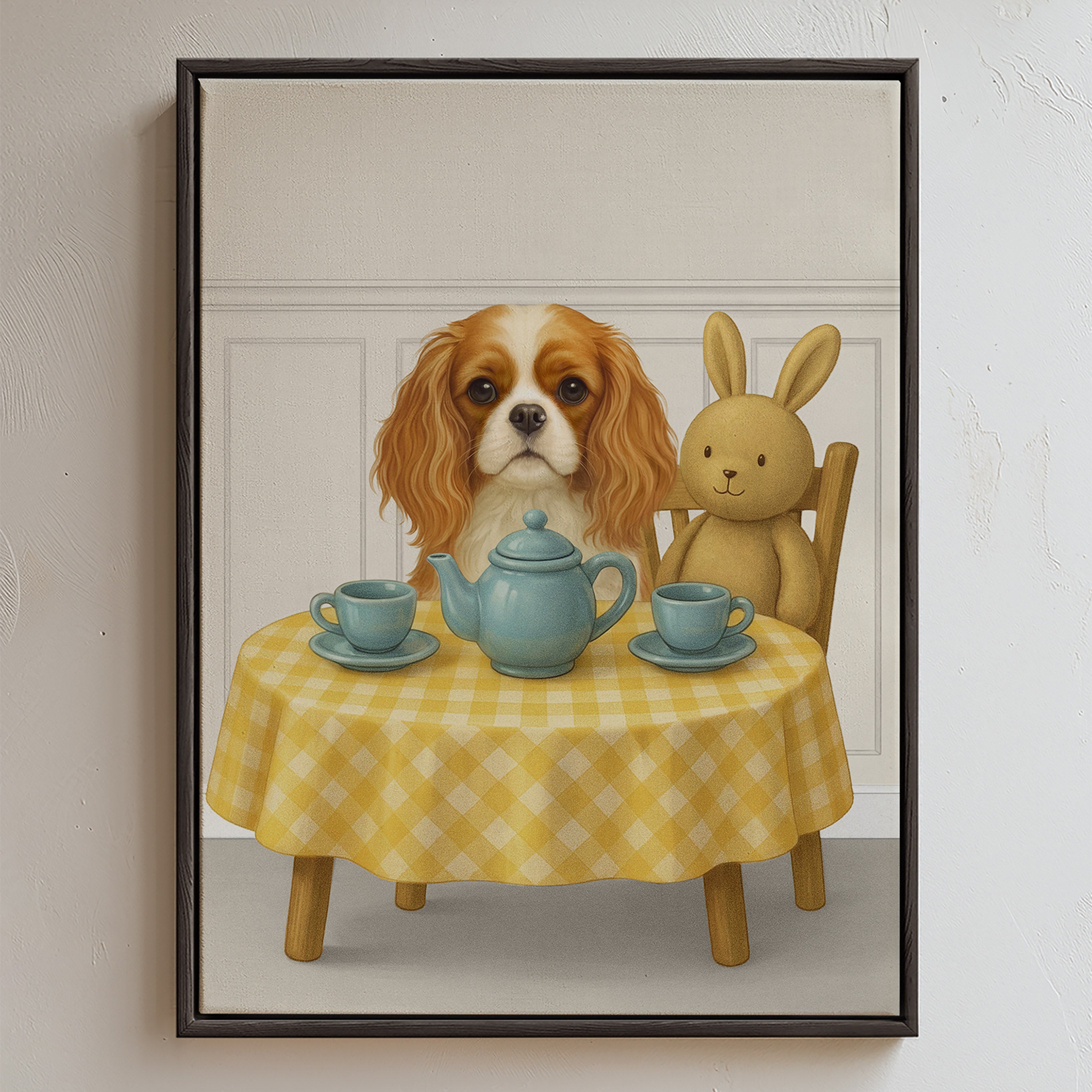 Custom nursery pet decor nurtured in dove gray background of a tea party between a pup and a cute bunny sitting at a yellow‑checkered table with blue teacups and teapot.