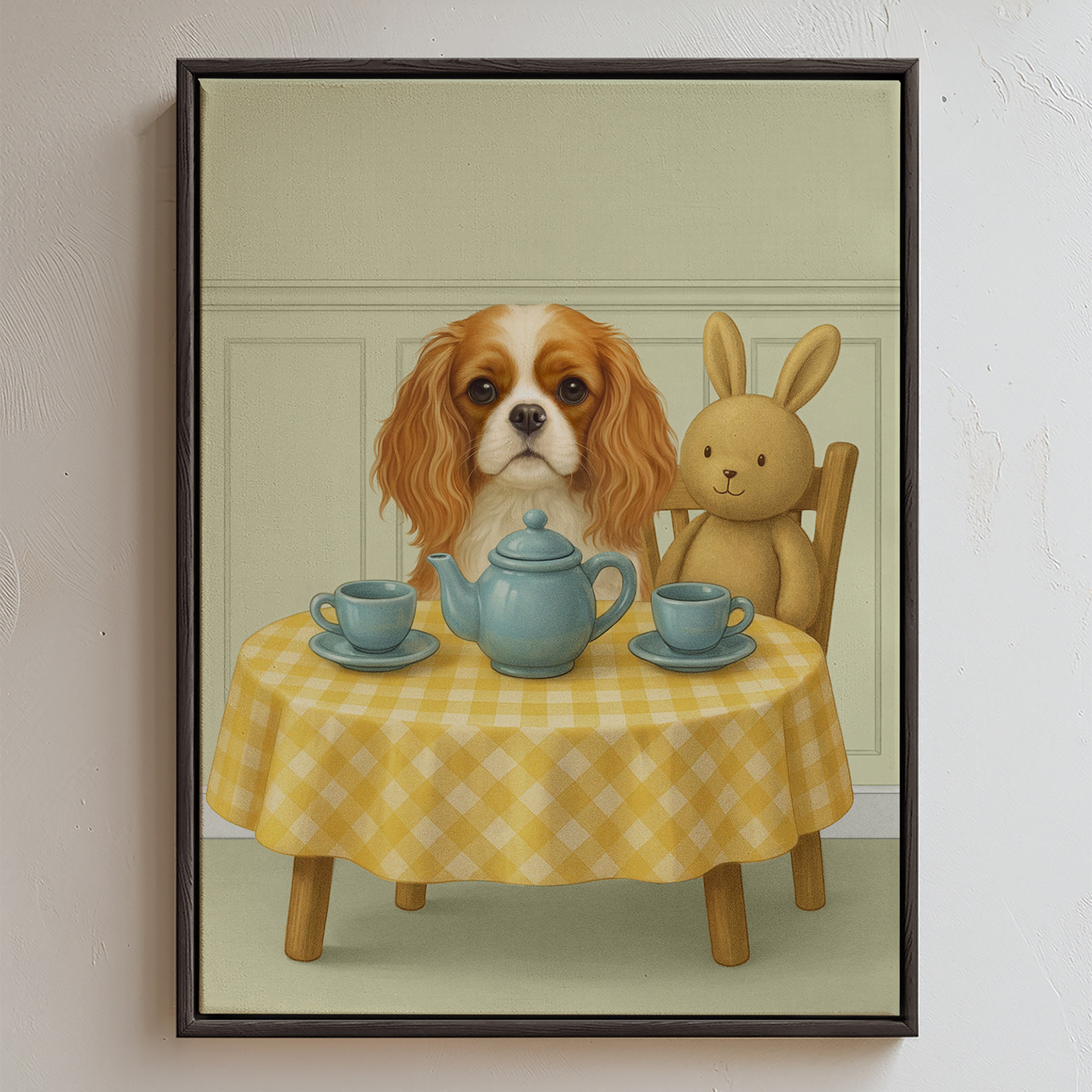 Custom nursery pet picture of the tea party between a pup and a cute bunny, wrapped in sage green backdrop, sitting at a yellow‑checkered table with blue teacups and teapot.