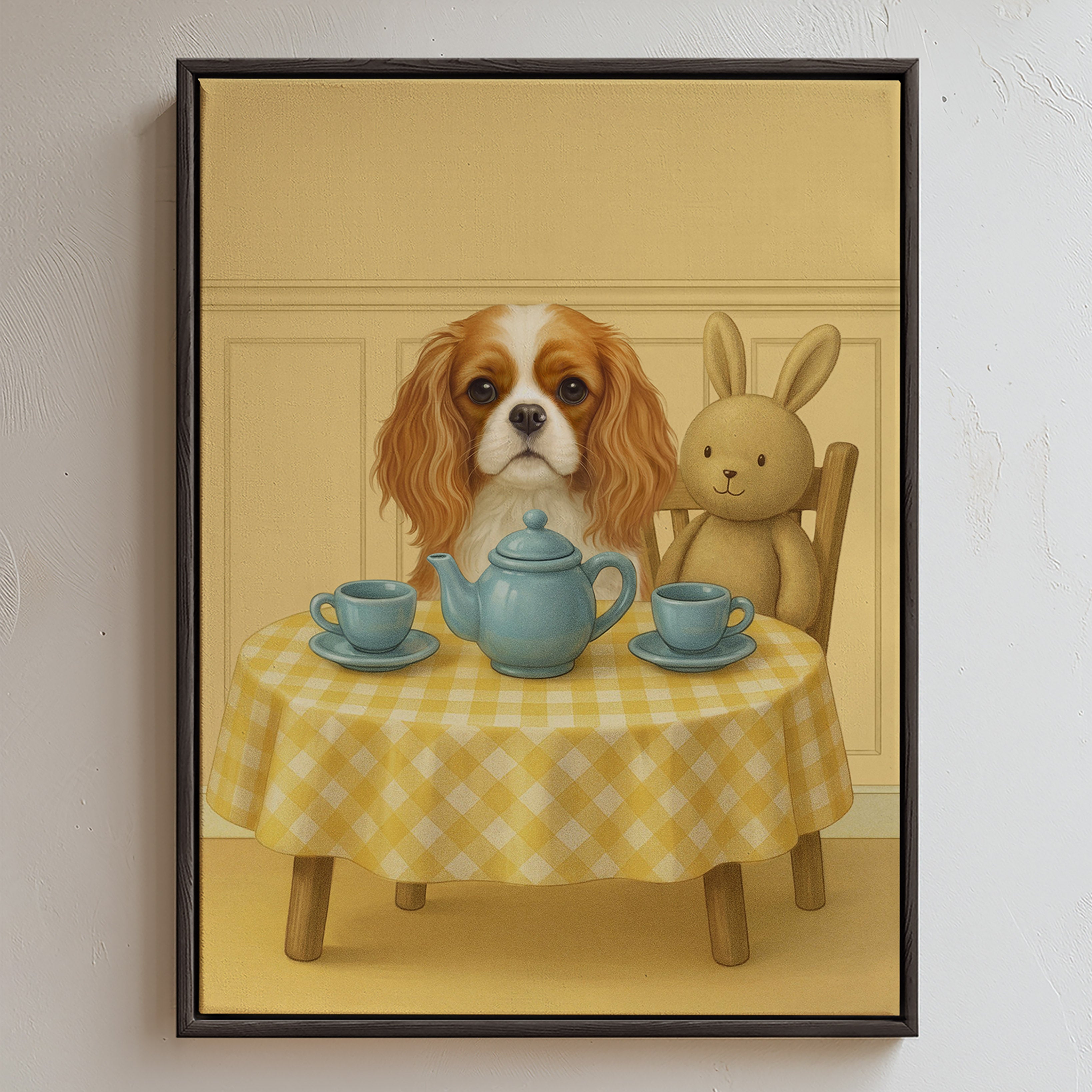 Custom nursery pet portrait in soft yellow background of a pup having tea party with a cute bunny sitting at a yellow‑checkered table with blue teacups and teapot, relaxing in comfort.