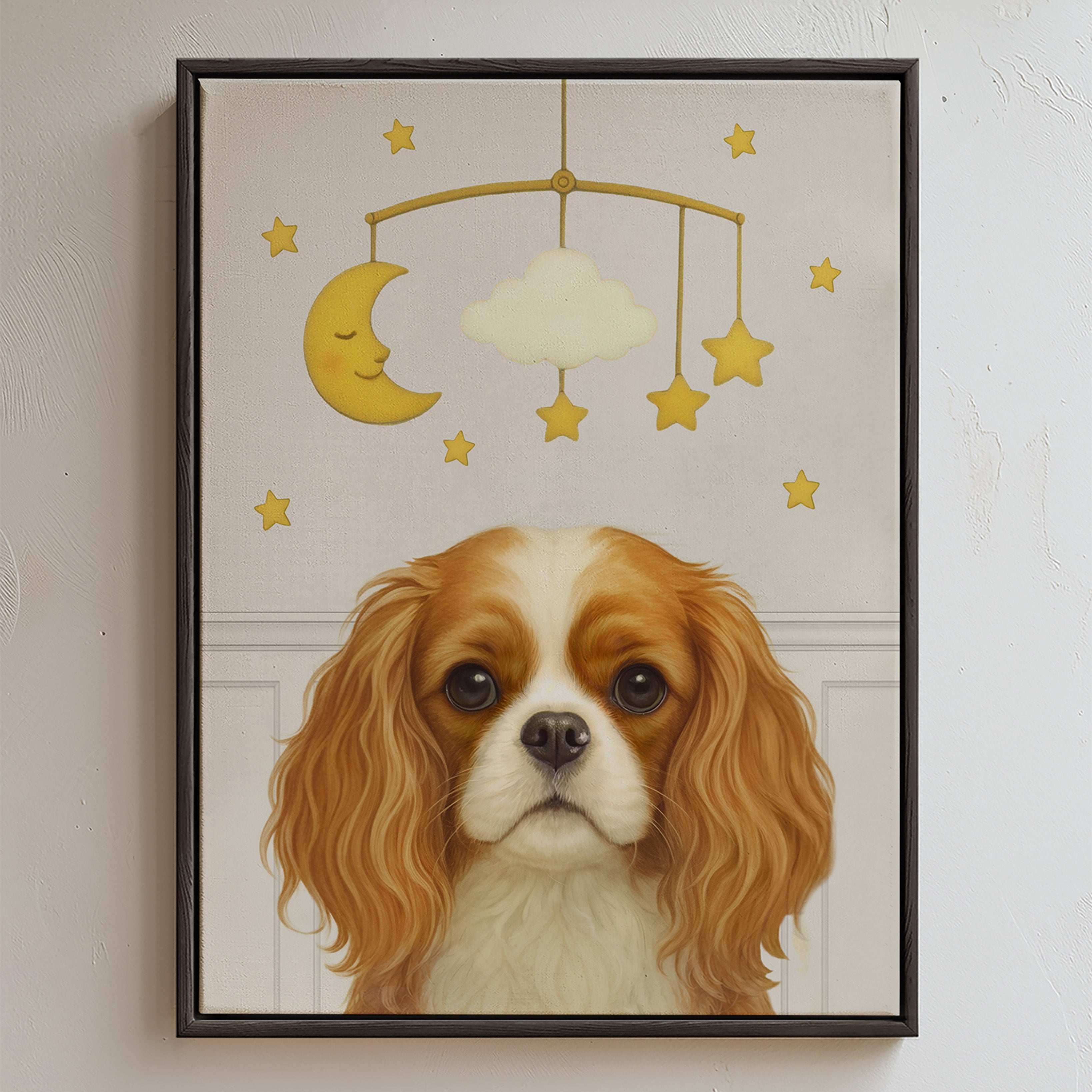 Custom nursery pet portrait dominated in dove gray color featuring a cute dog sitting beneath a nursery mobile with a crescent moon, cloud, and stars.