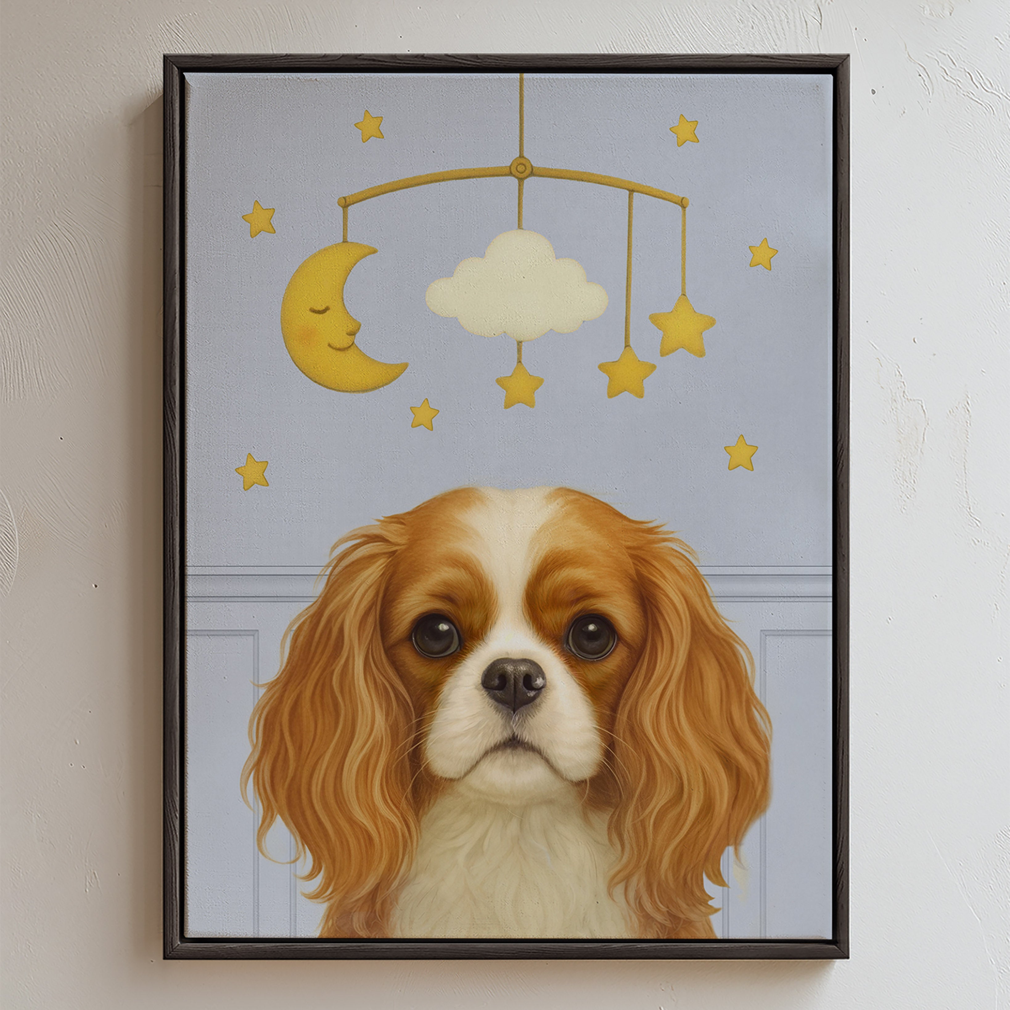 Custom nursery pet portrait in a dusty blue background of a cute dog sitting beneath a nursery mobile with a crescent moon, cloud, and stars.