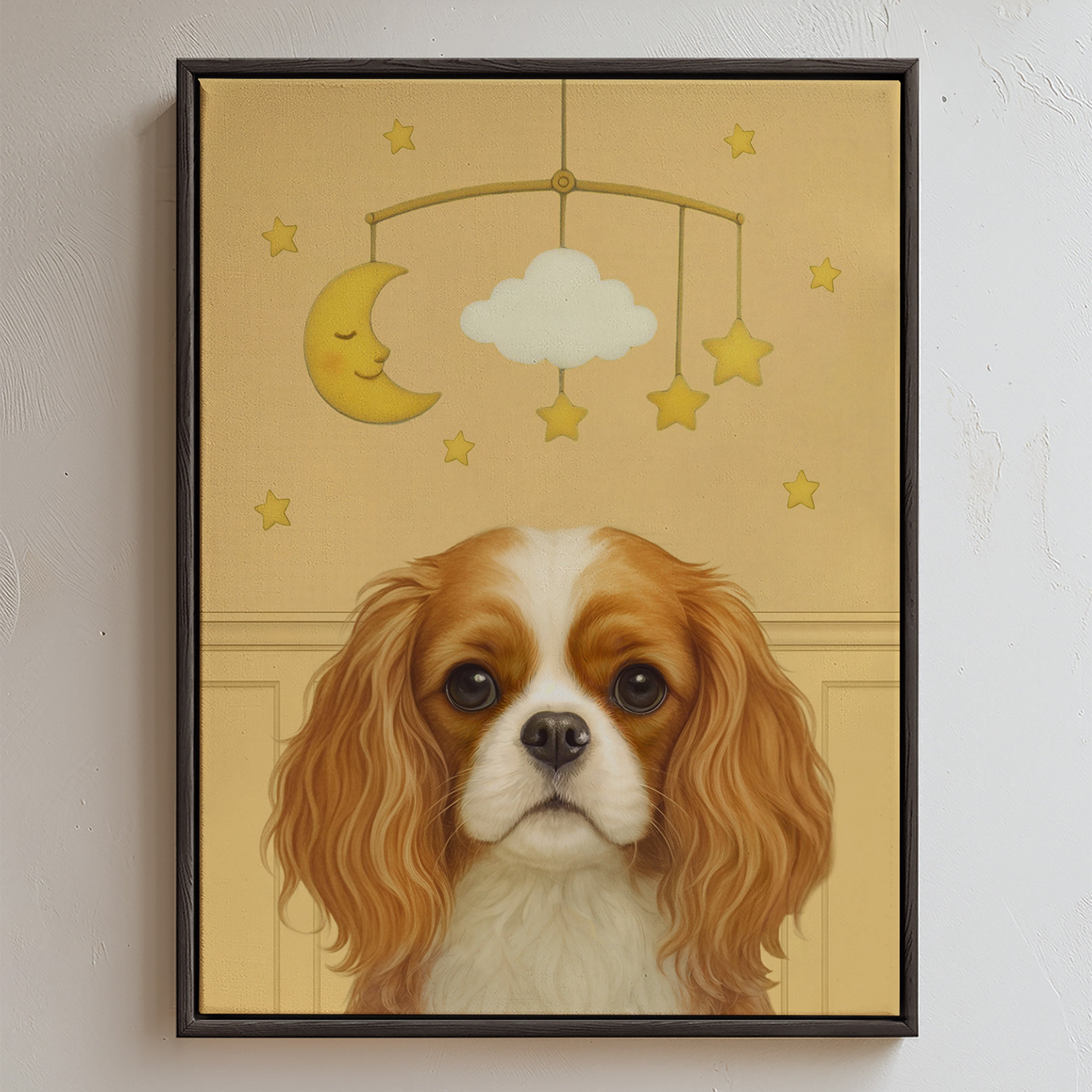 Delightful nursery portrait that springs to life with a sweet pup perched beneath a fanciful mobile adorned with a crescent moon, stars and cloud in soft yellow backdrop.