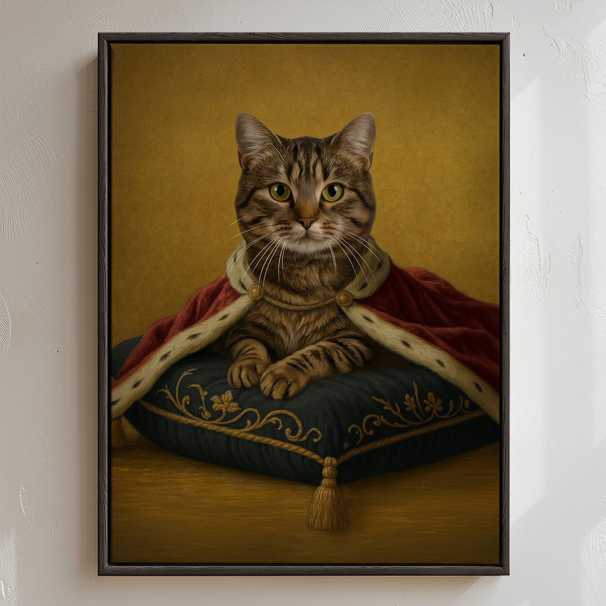 Custom royal cat portrait of The Graceful Mouser, featuring a poised feline in a pearl‑adorned satin burgundy colored gown with a 17th‑century ruff collar, elegantly seated upon a plush navy velvet pillow, radiating noble elegance and timeless charm.