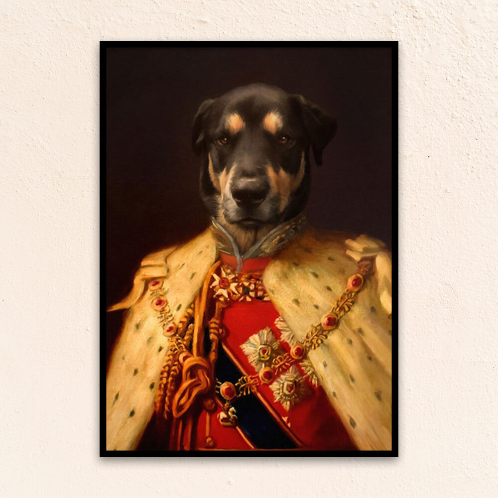 Custom royal pet portrait wall art. Dog in renaissance king's military costume with fur cape.